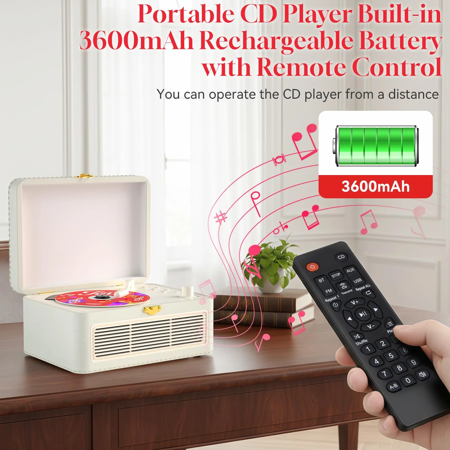 Gueray Lettore CD Pelle Portatile Ricaricabile Bluetooth 3600mAh con Altoparlanti e Telecomando USB AUX