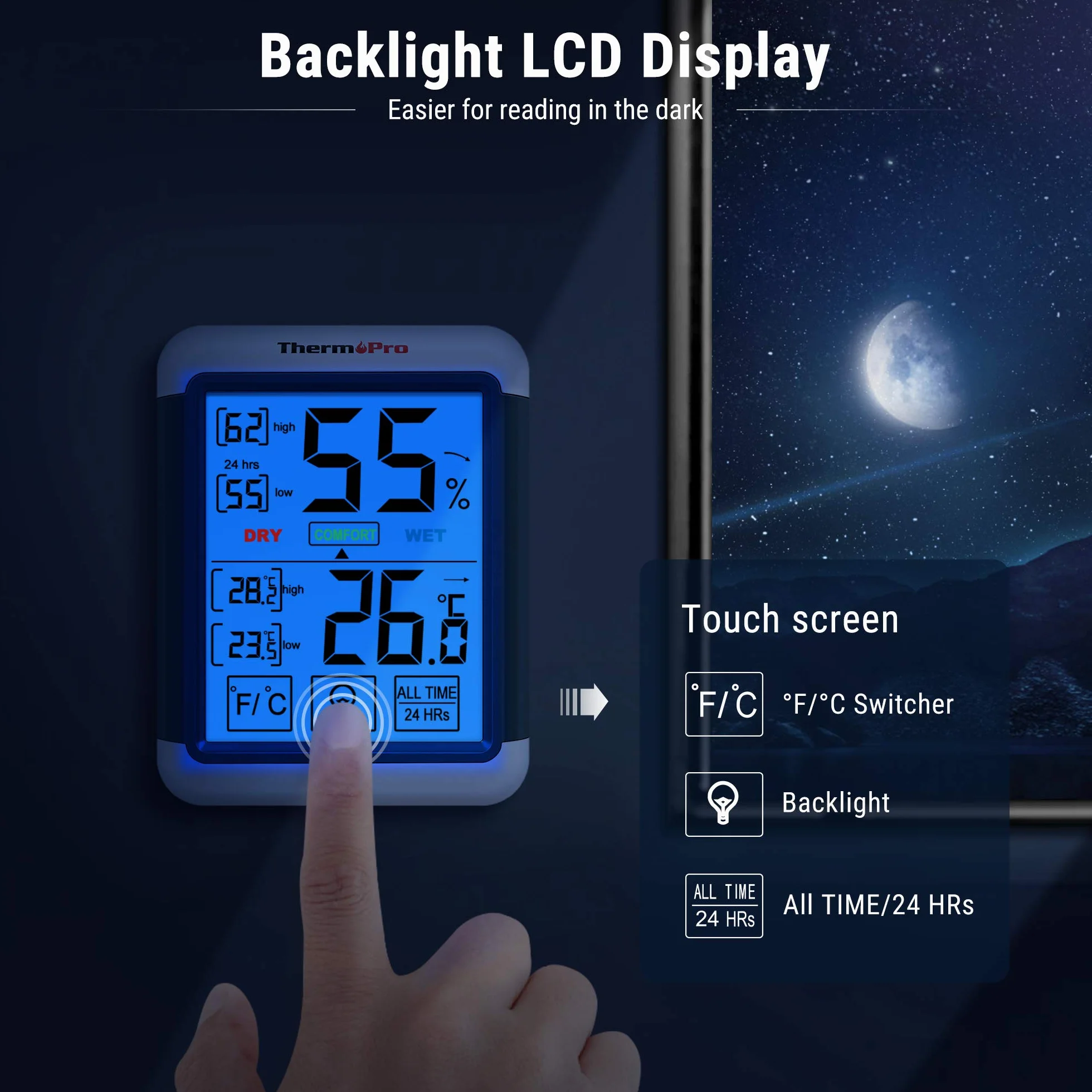 ThermoPro TP55 Termometro Igrometro Digitale da Interno con Schermo Touchscreen e Retroilluminazione