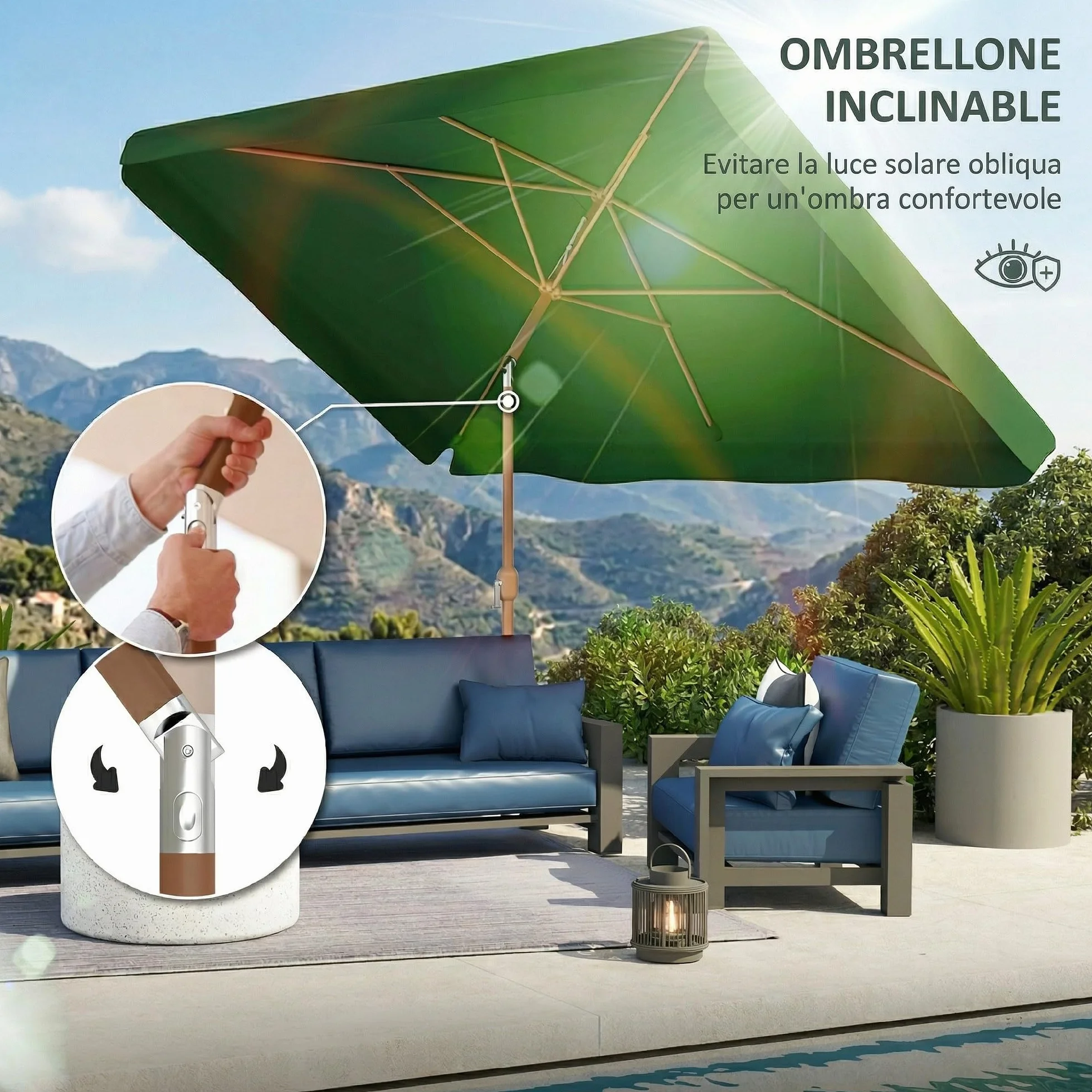 Outsunny Ombrellone da Giardino 2x3 m Inclinabile con Apertura a Manovella, Presa d'Aria e Bordo a Balze, Ombrellone da Esterno Rettangolare Anti UV 50+ in Alluminio e Poliestere 180 g/㎡