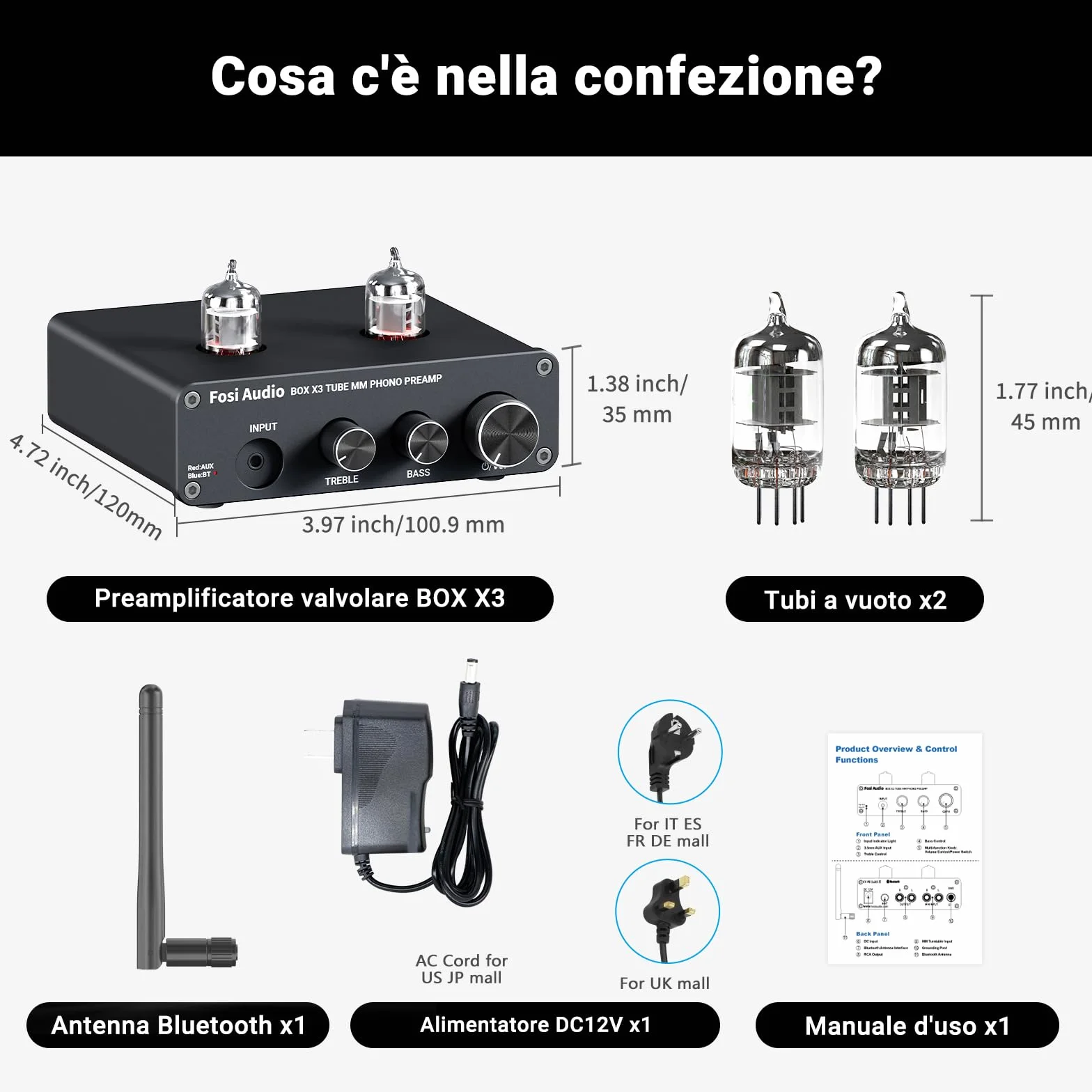 Fosi Audio BOX X3 Tube Phono Preamplificatore Giradischi Bluetooth 5.0 Mini Stereo Hi-Fi