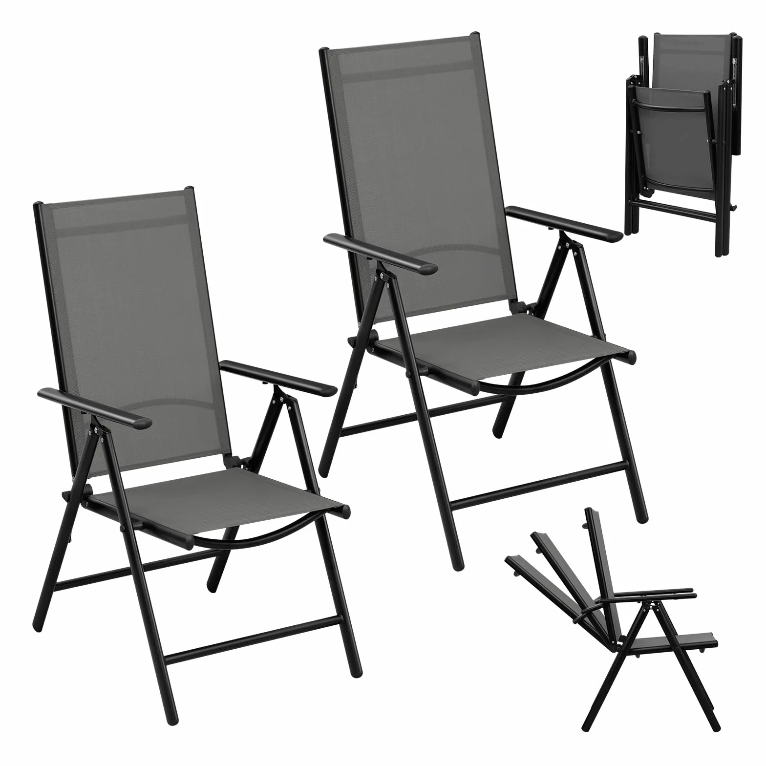 eSituro Set di 2 Sedie da Giardino Pieghevoli, Schienale Regolabile a 7 Livelli, Sedia Pieghevole in Metallo, Resistente Alle Intemperie, Portata 150 Kg, per Giardino Balcone Terrazza, Nero Grigio