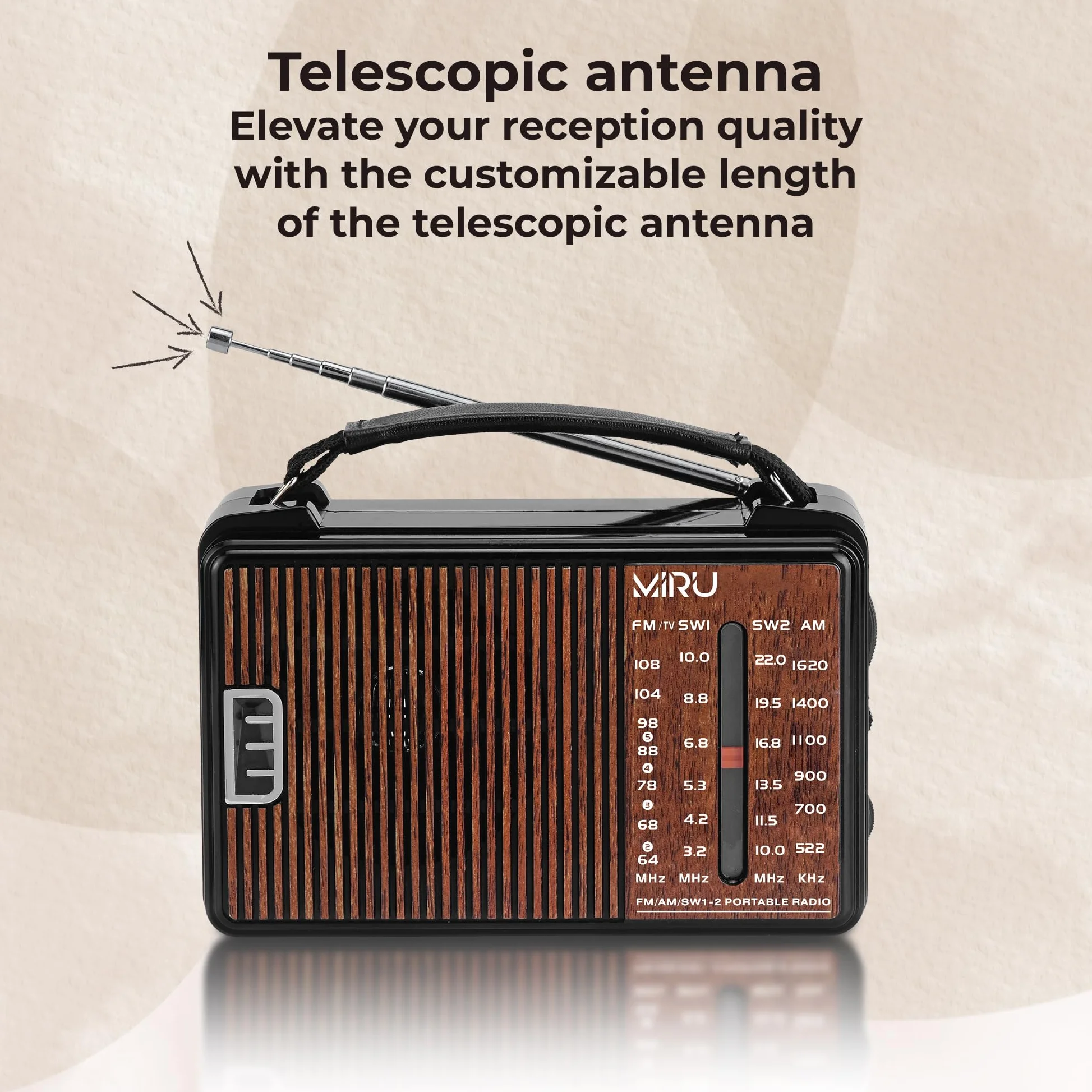 MIRU Radio Portatile AM/FM/SW SR-1021 con USB, Antenna Telescopica, 220V, Nero Legno