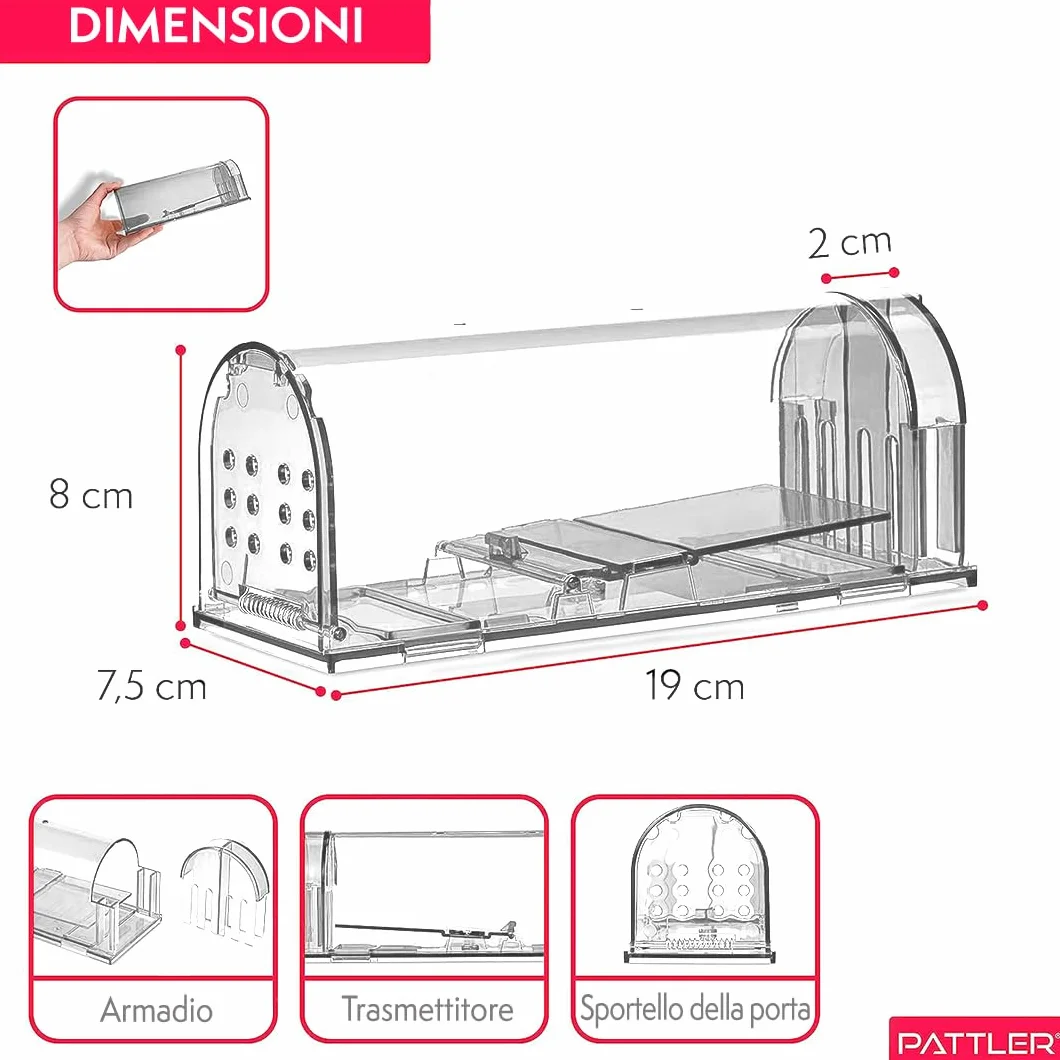 PATTLER® Trappola per Topi Vivi - Trappole per topi da Esterno e Interno - Trappole topi utilizzabili con esche per topi di vario genere - Trappola per Topi Grandi e Piccoli topi - Transparente 1 Pz