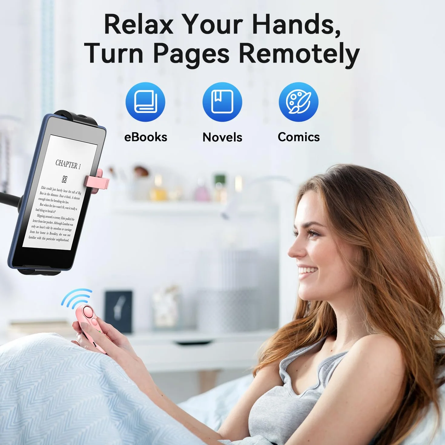 Supporto Regolabile per Kindle con Telecomando Pagina Turner HKRC004 Rosa, per iPad/Tablet, Regalo Lettori