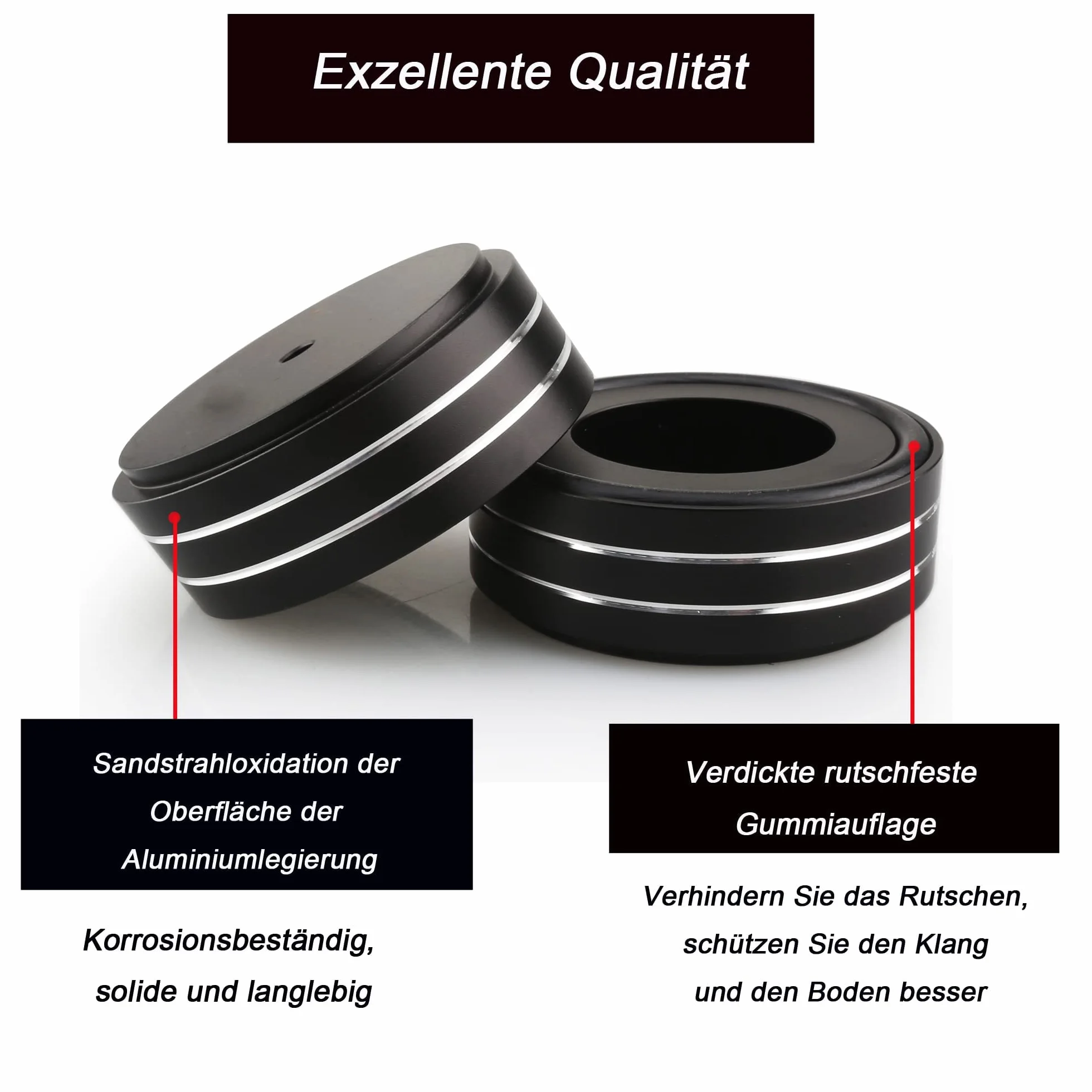 Piedini in alluminio 58x22 mm ammortizzatori vibrazioni HiFi nero con viti e anelli antiscivolo