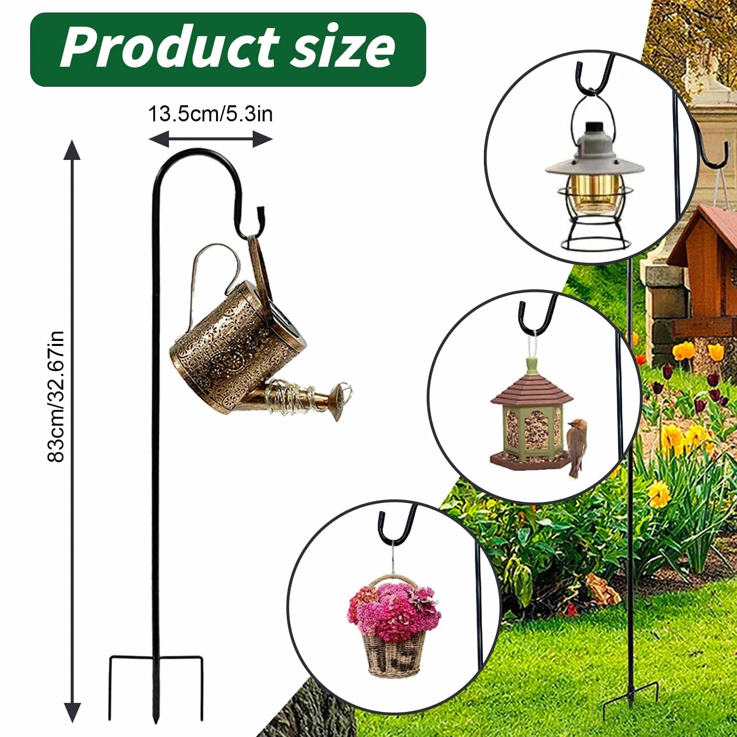 Gancio Pastore Giardino 81,5 cm Lanterne Regolabili in Altezza Shepherds Crook 2 Basi Nero
