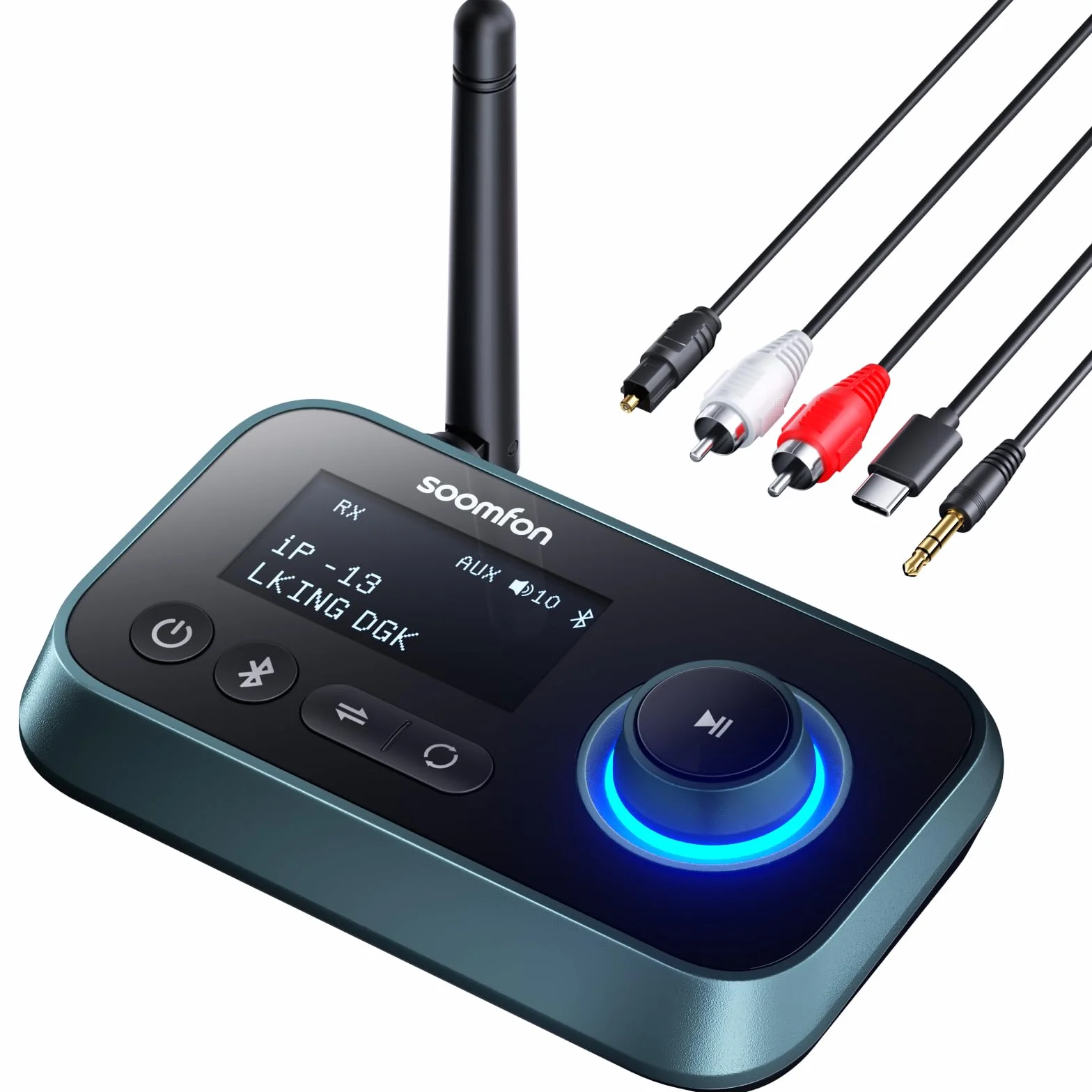 SOOMFON Bluetooth 5.0 Audio Adapter Transmitter Receiver with Aux/Optical/RCA, 3.5mm Jack, Optical, LCD Display