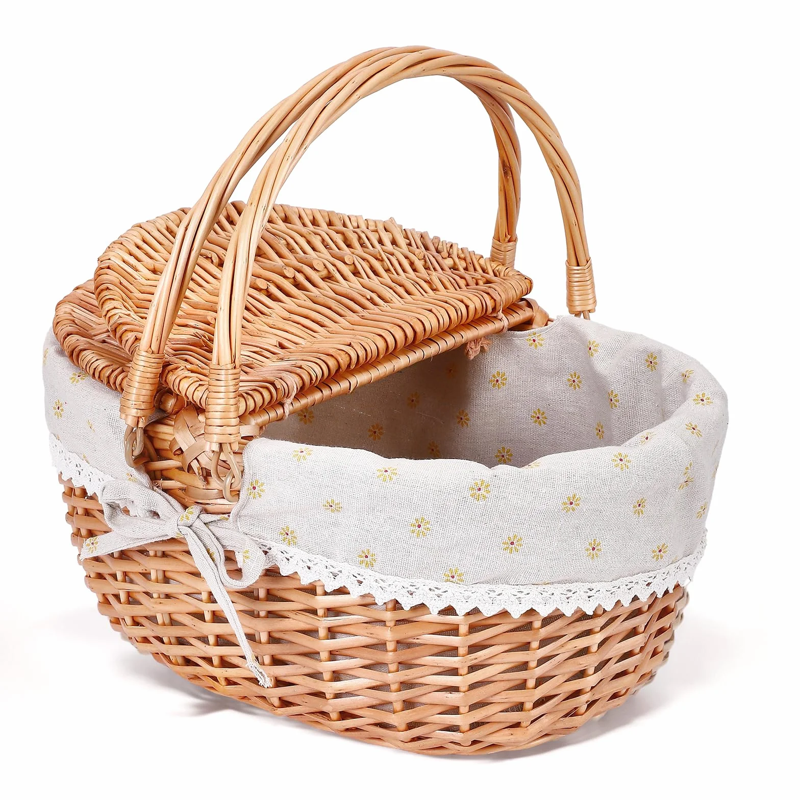 Wicker Picnic Basket Cesto Picnic in Vimini Fatto a Mano, Grande Cesto Portaoggetti con Doppio Coperchio Ribaltabile & Manico Pieghevole per Picnic all’Aperto, Spiaggia,Deposito Hiking, BBQ