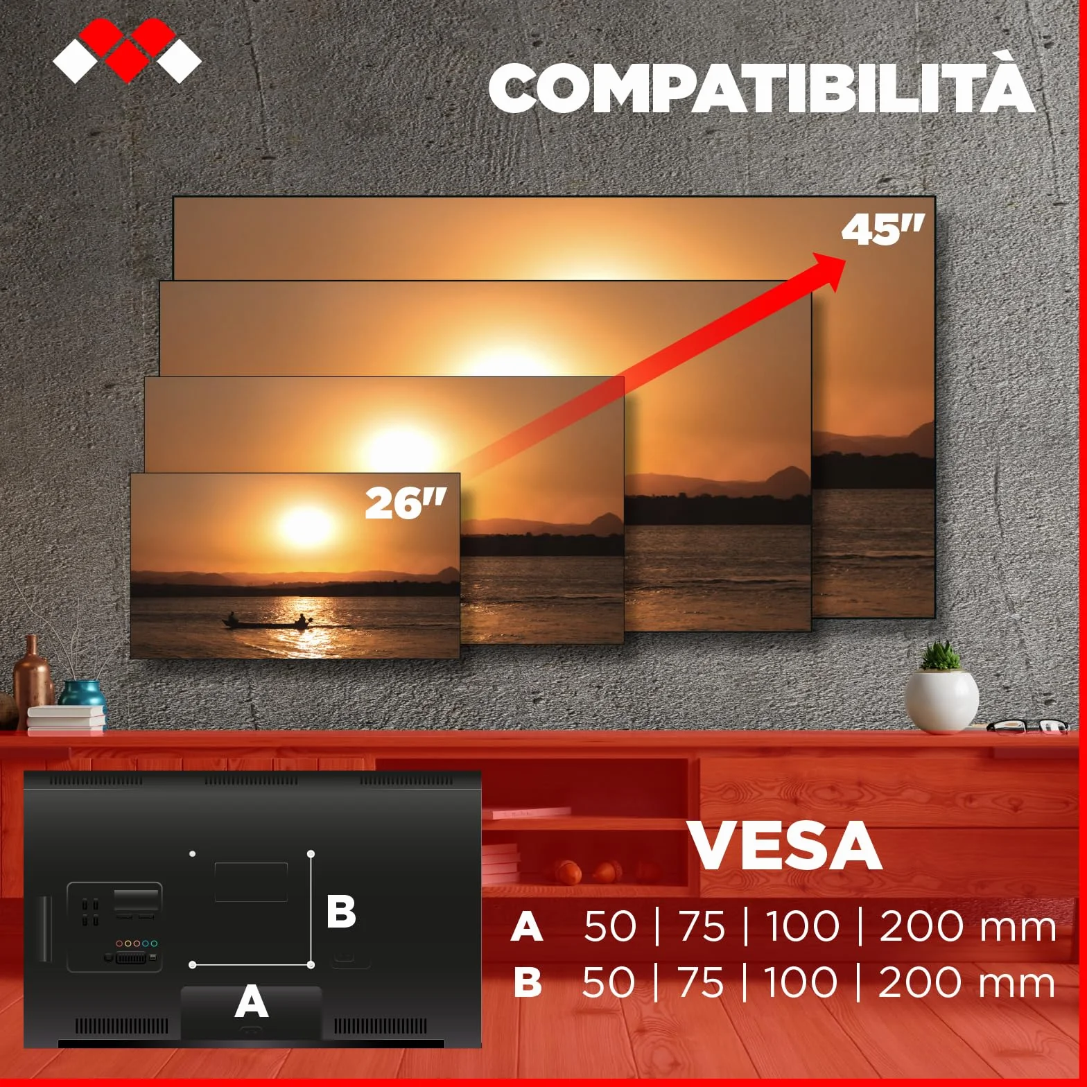 Meliconi Space System TURN 200 Supporto TV parete Cartongesso 26-45" VESA 50-200 30 kg Tilt & Turn Nero