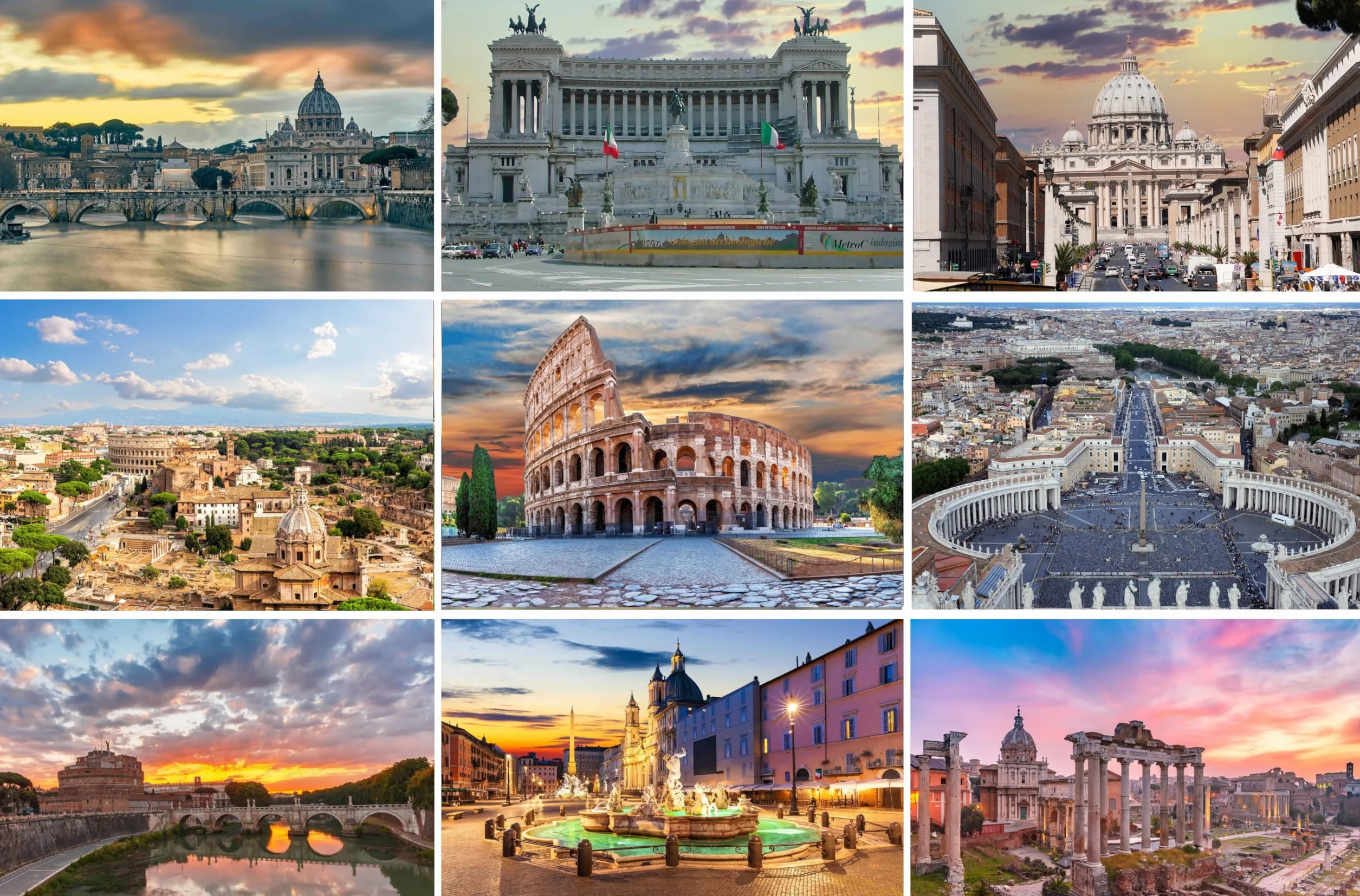 Set di cartoline Roma: 9 carte singole - Motivi fotografici Colosseo, Foro Romano, Basilica di San Pietro