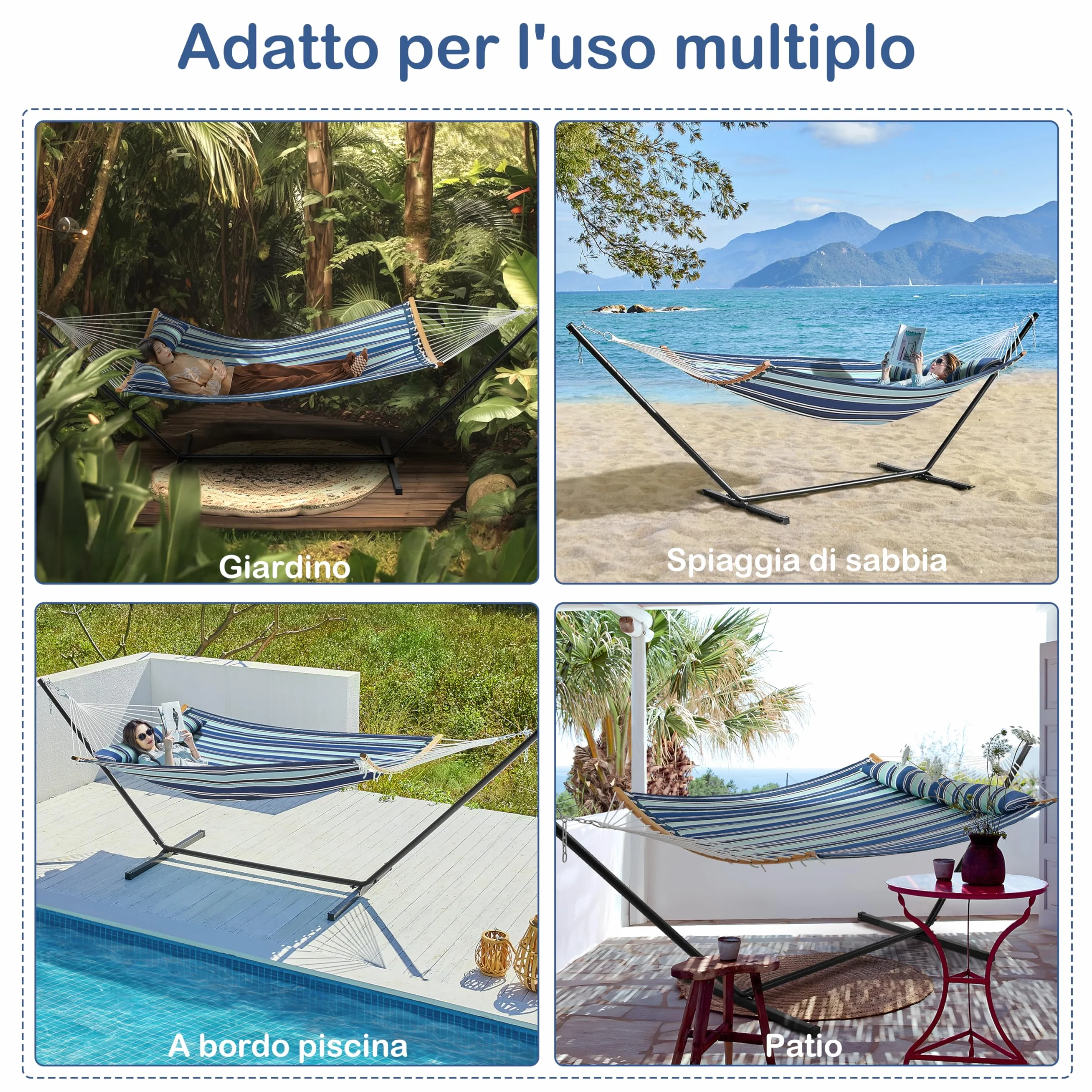 Yaheetech Amaca da Giardino Esterno Doppia in Telo Cotone con Supporto Acciaio Portata 216 kg Blu