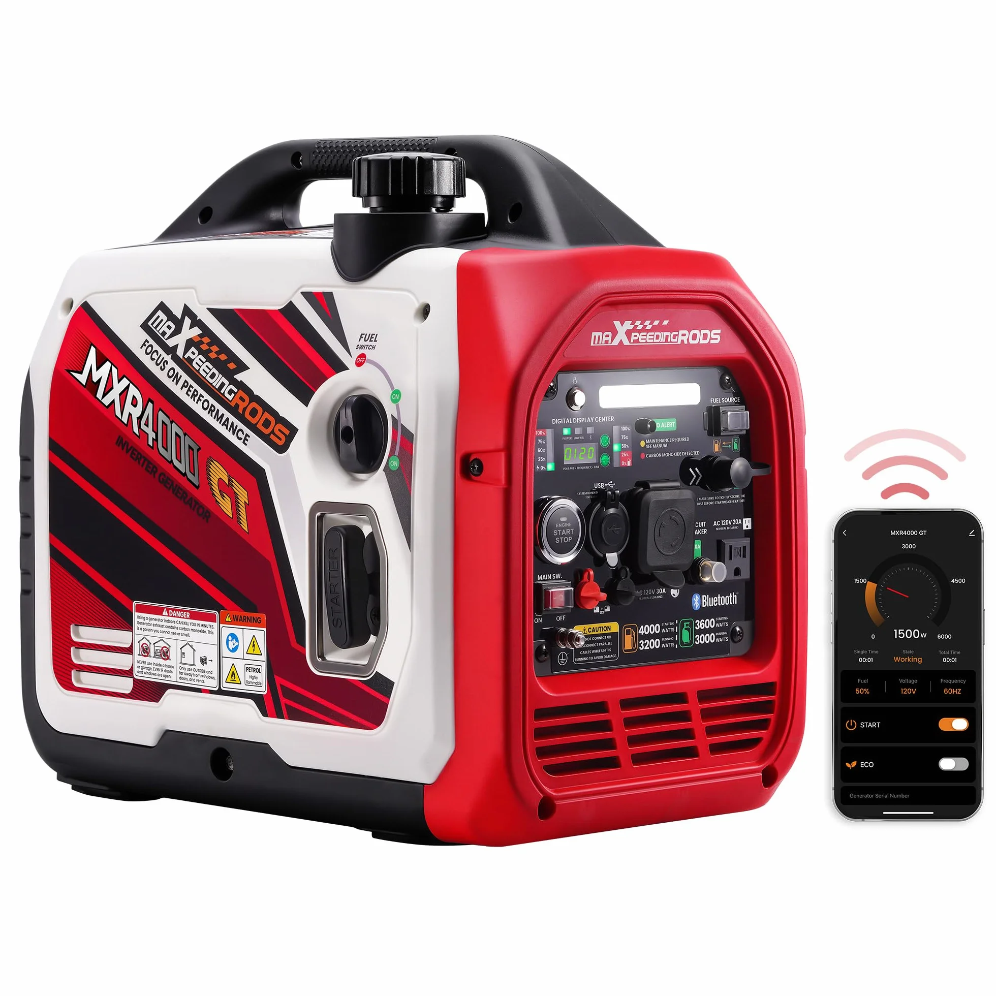 maXpeedingrods Generatore di Corrente Silenziato GPL e Benzina 3500W Inverter con App Bluetooth® Telecomando Portatile 4 Tempi Generatore Emergenza per all'Aperto Campeggio Partito Cantiere Garage