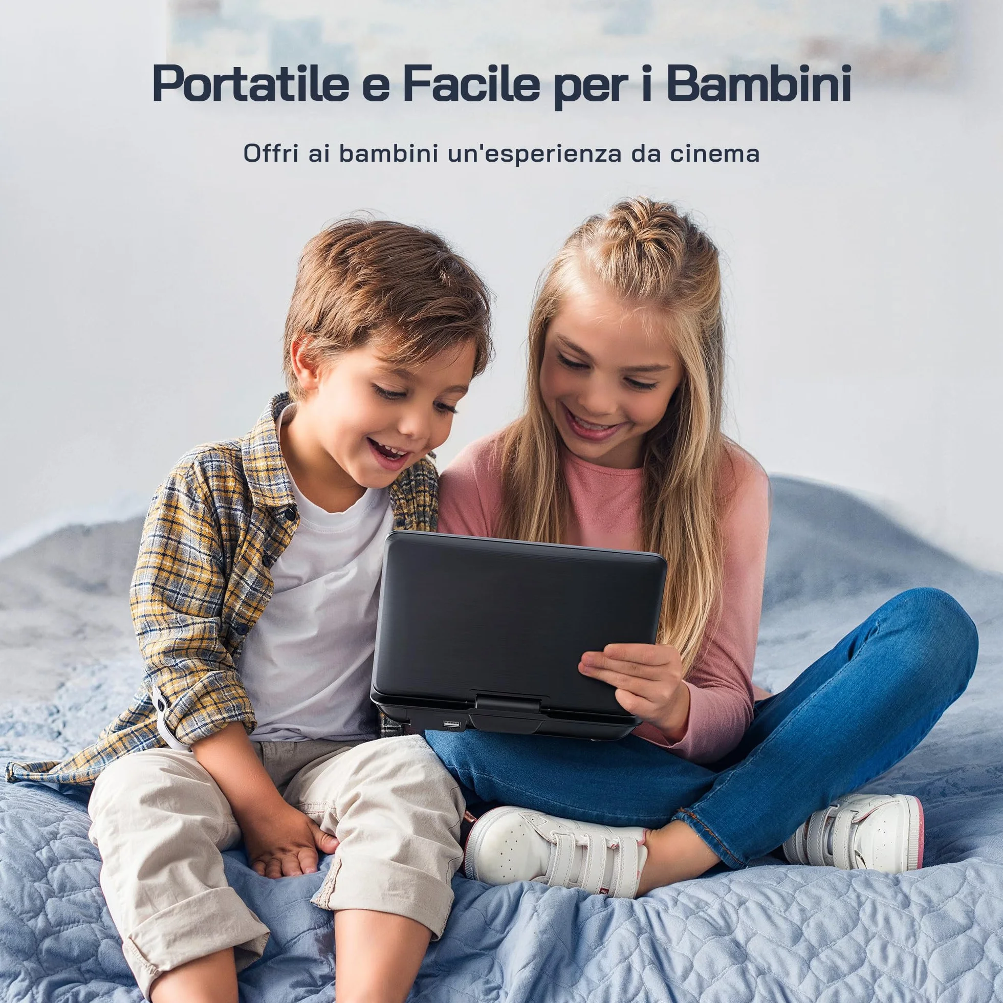 WOLFANG Lettore DVD portatile 9,5" schermo girevole HD 7,5" altoparlanti stereo batteria 6 ore Sync-TV USB SD