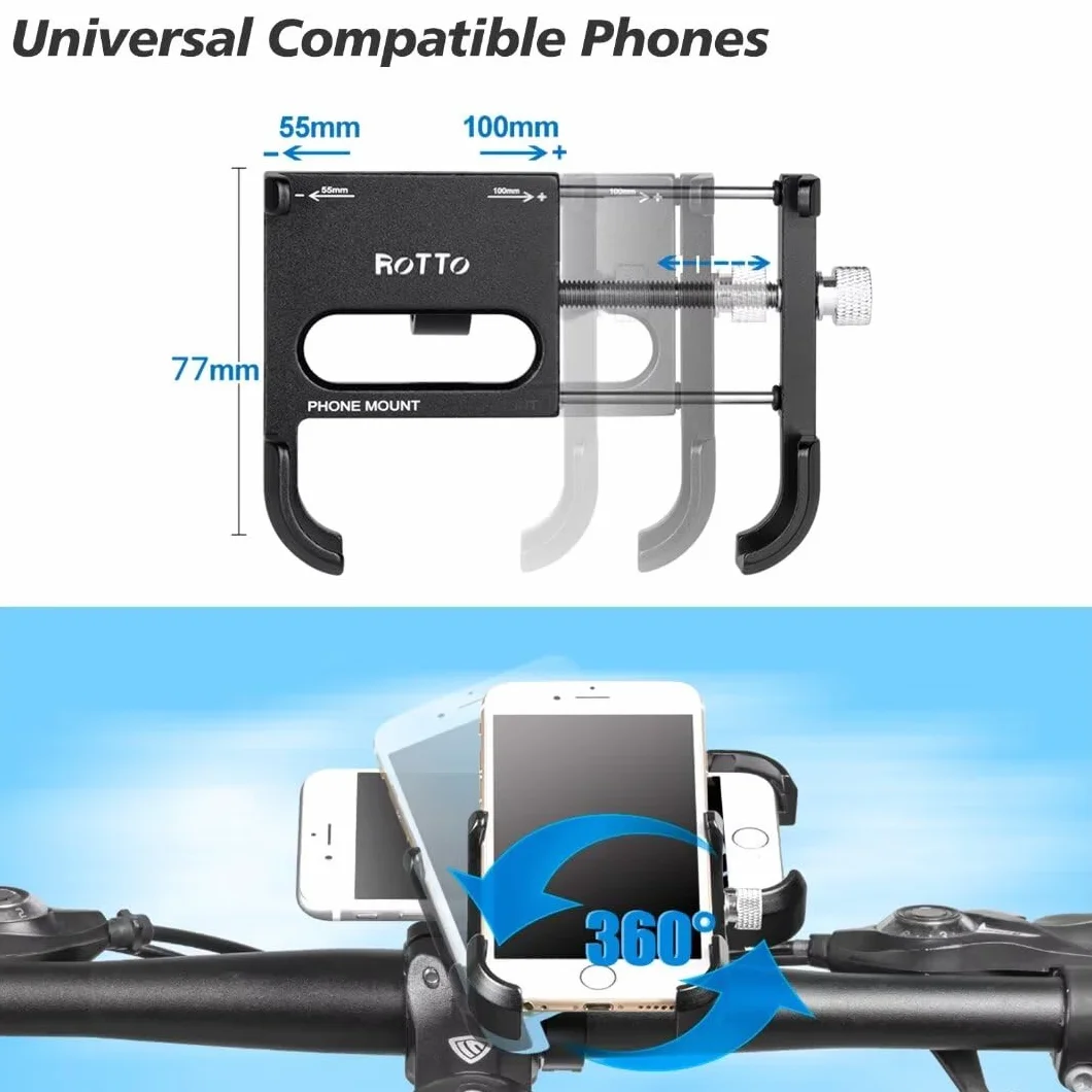ROTTO Porta Cellulare da Bici Supporto Telefono Moto 360° Rotabile Alluminio Universale
