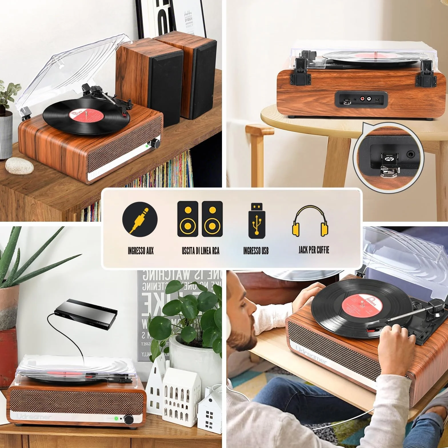 Udreamer Giradischi Bluetooth con Altoparlante, USB, AUX-in, Cuffie, RCA, Line-Out, 3 Velocità, Cinghia, Auto-Stop, Design Specchio, Arancione Giallo
