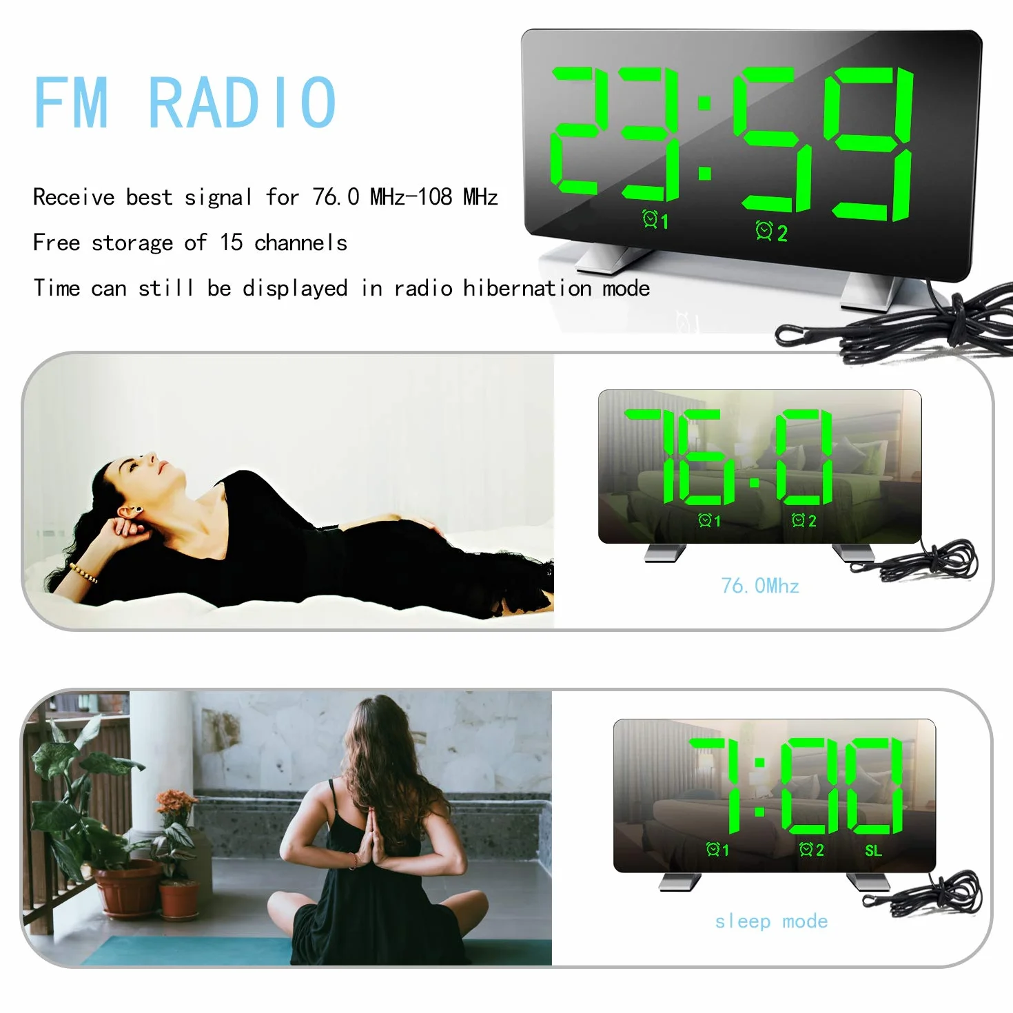 Radiosveglia Digitale Sveglia FM Display LED 3 Livelli di Luminosità Auto Dimmer Volume Regolabile