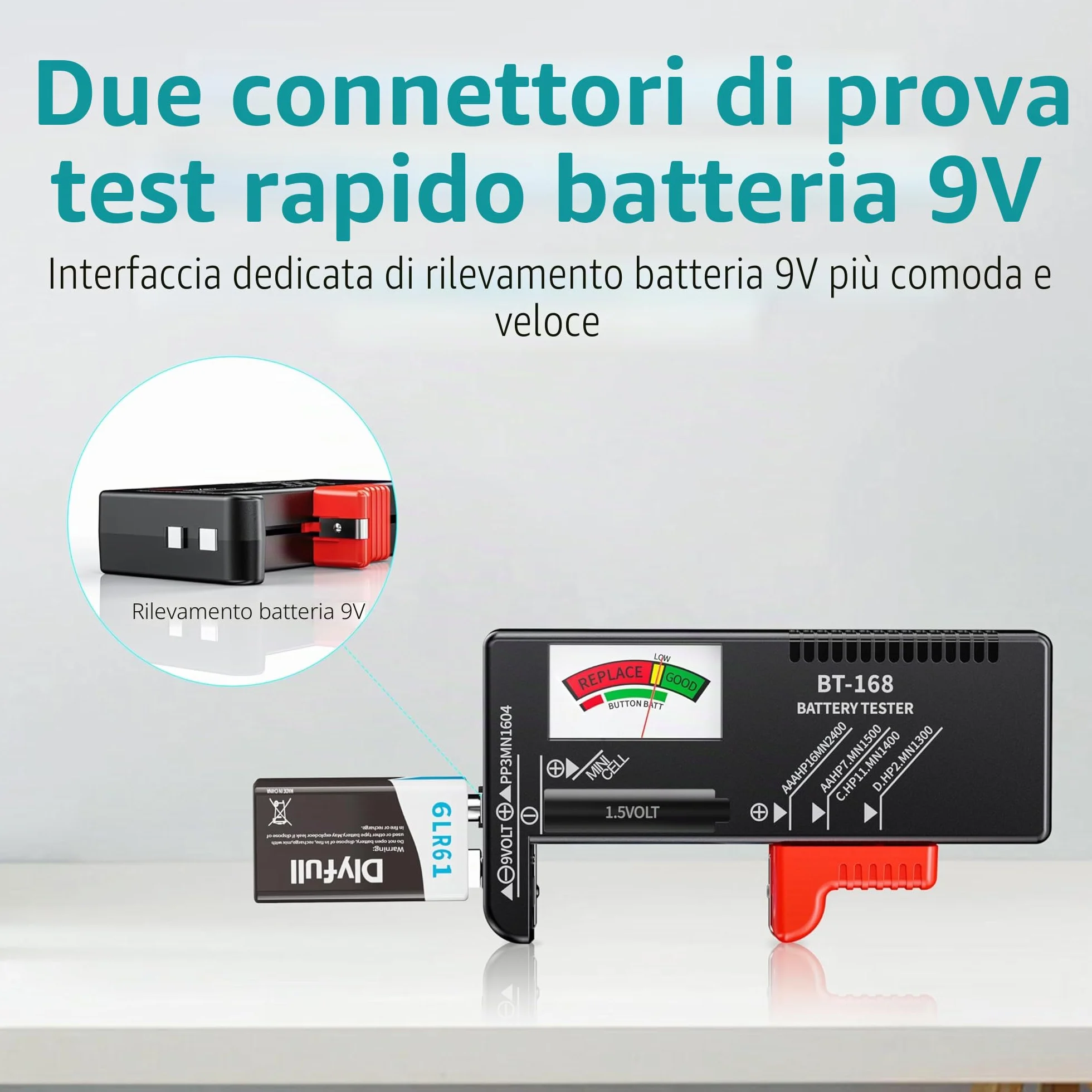 Dlyfull Tester per batteria universale AA AAA C D 9V, misuratore veloce per batterie 1,5V e a bottone