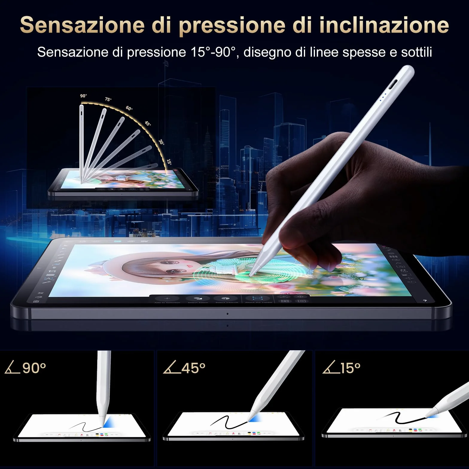 BAZO Penna iPad 2018-2025, Palm Rejection, Ricarica Rapida, Sensibilità Inclinazione per iPad 11 A16/10/9/8/7/6, Pro 11/12.9, Air 5/4/3/M2/M3/M4/M5, Mini 5/6
