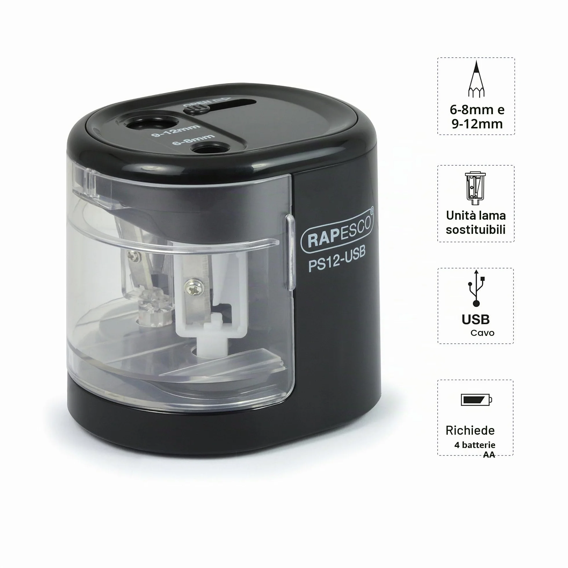 Rapesco 1449 Temperamatite Elettrico Automatico PS12-USB Nero