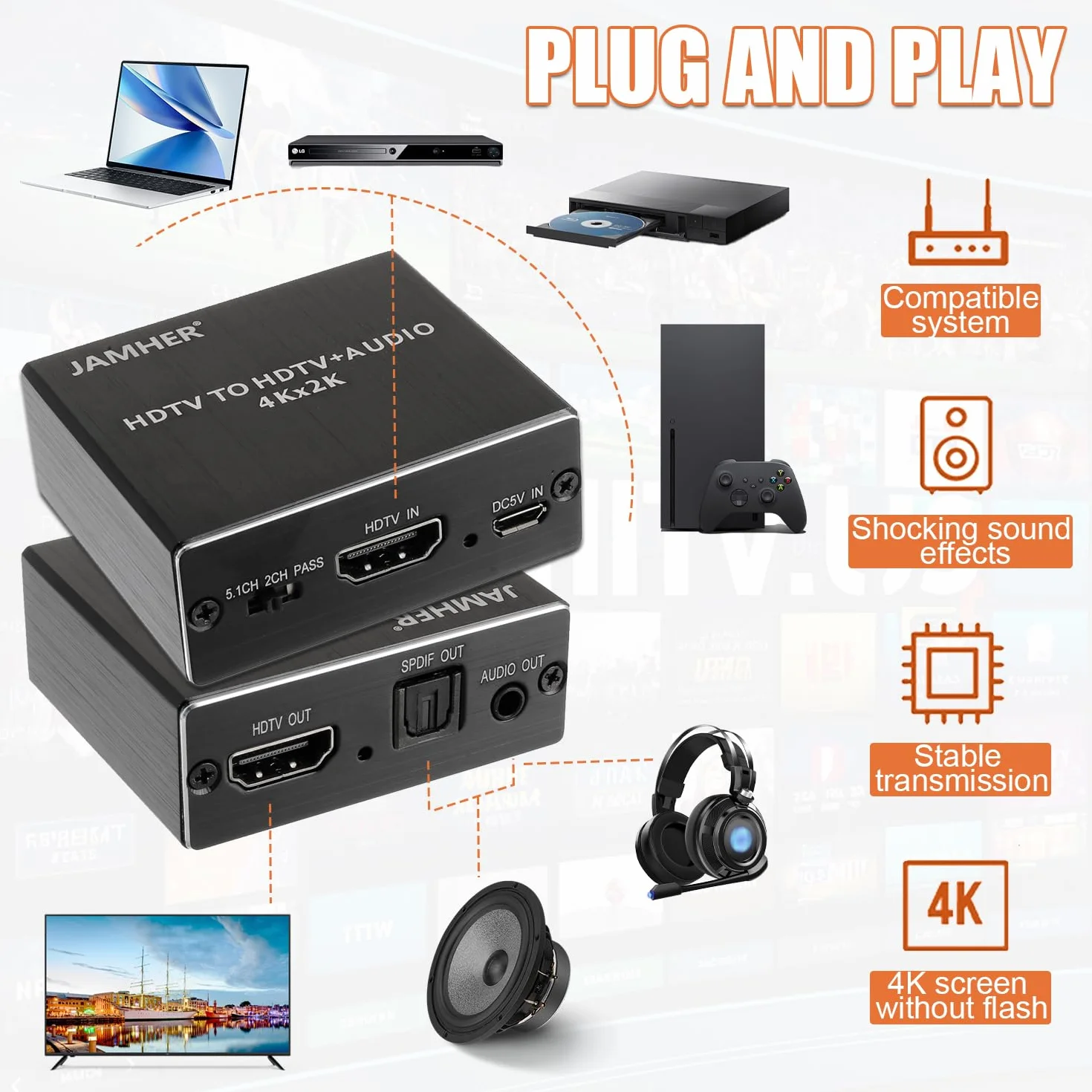 4K HDMI Audio Extractor Optical SPDIF 3.5mm Stereo Audio Splitter Convertitore Blu-ray DVD HD TV