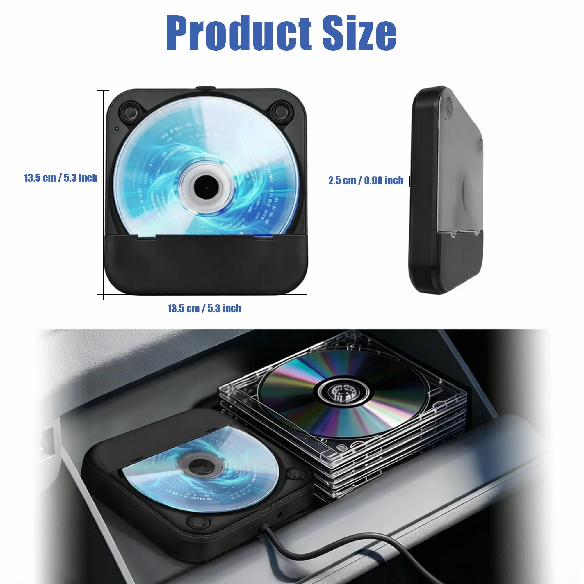 Lettore CD per auto con silicone anti-shock, porta USB, cavo prolunga, nero