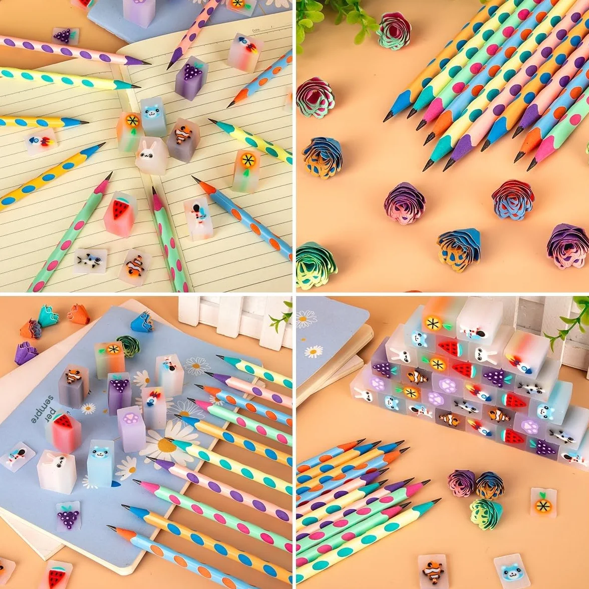 64Pcs Matite con Gomma Bambini, Gomme Cancellare Divertenti, Matite Bambini Regalini Festa Compleanno