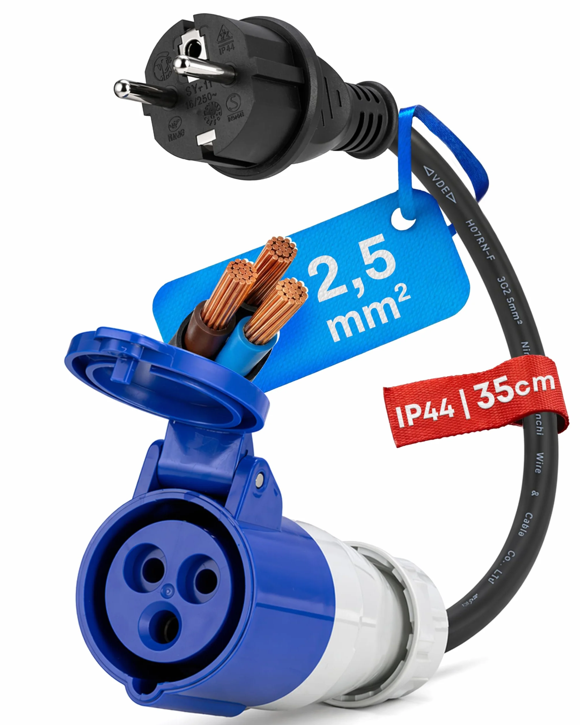 Adattatore CEE spina Schuko a presa CEE, cavo 'campeggio', cavo IP44, prolunga, H07RN-F 3G2,5, adattatore 16A