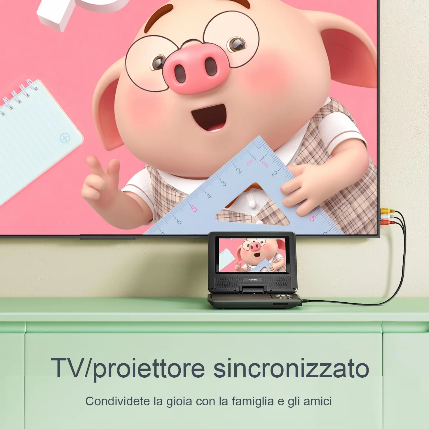 Yoton Lettore DVD Portatile 9,5" HD Schermo Girevole 7,5" Batteria 6 Ore Senza Regione Altoparlanti Potenziati Multiformato Dischi SD USB Sync TV Proiettore