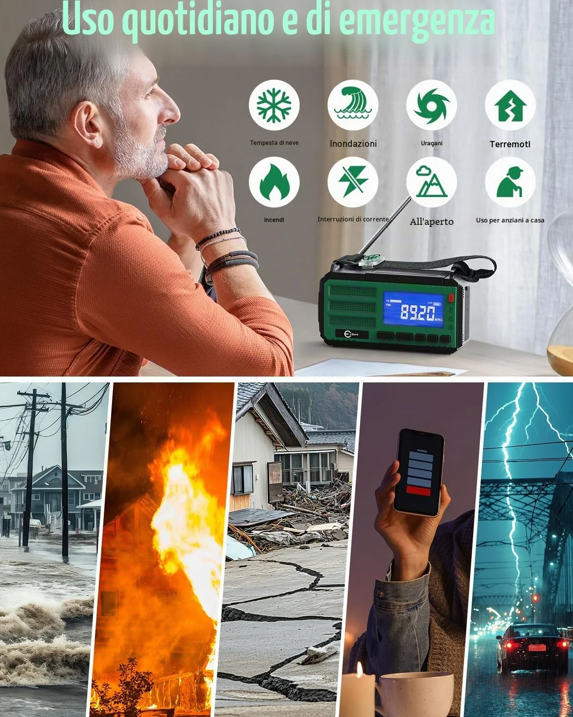 Esky 10000 mAh Radio Manovella AM/FM/NOAA Solare Portatile con Torcia, Bussola, Allarme SOS per Campeggio Emergenza