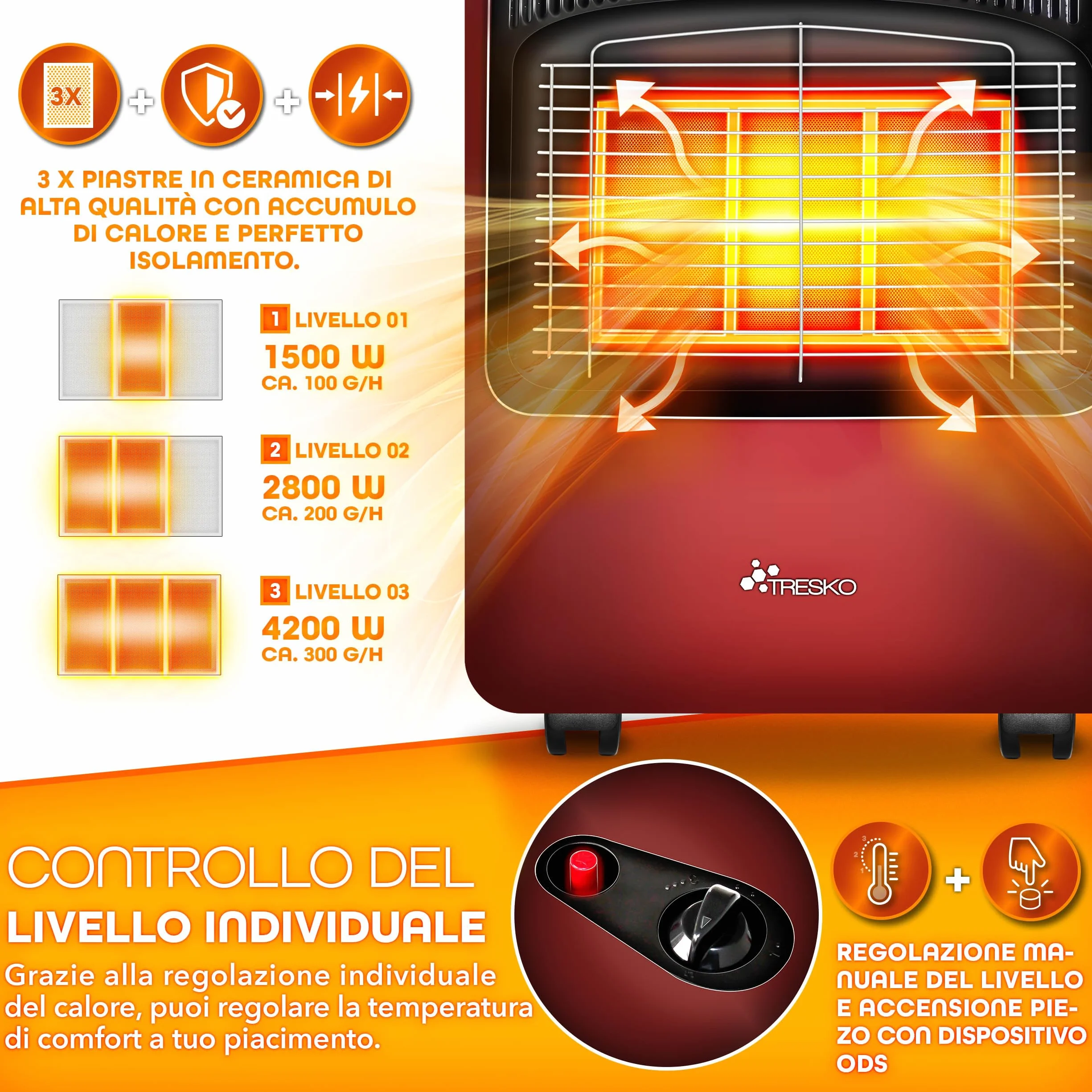 TRESKO Stufa a Gas 4200 Watt, Riscaldatore con Regolatore di Pressione, 3 Livelli, Rosso