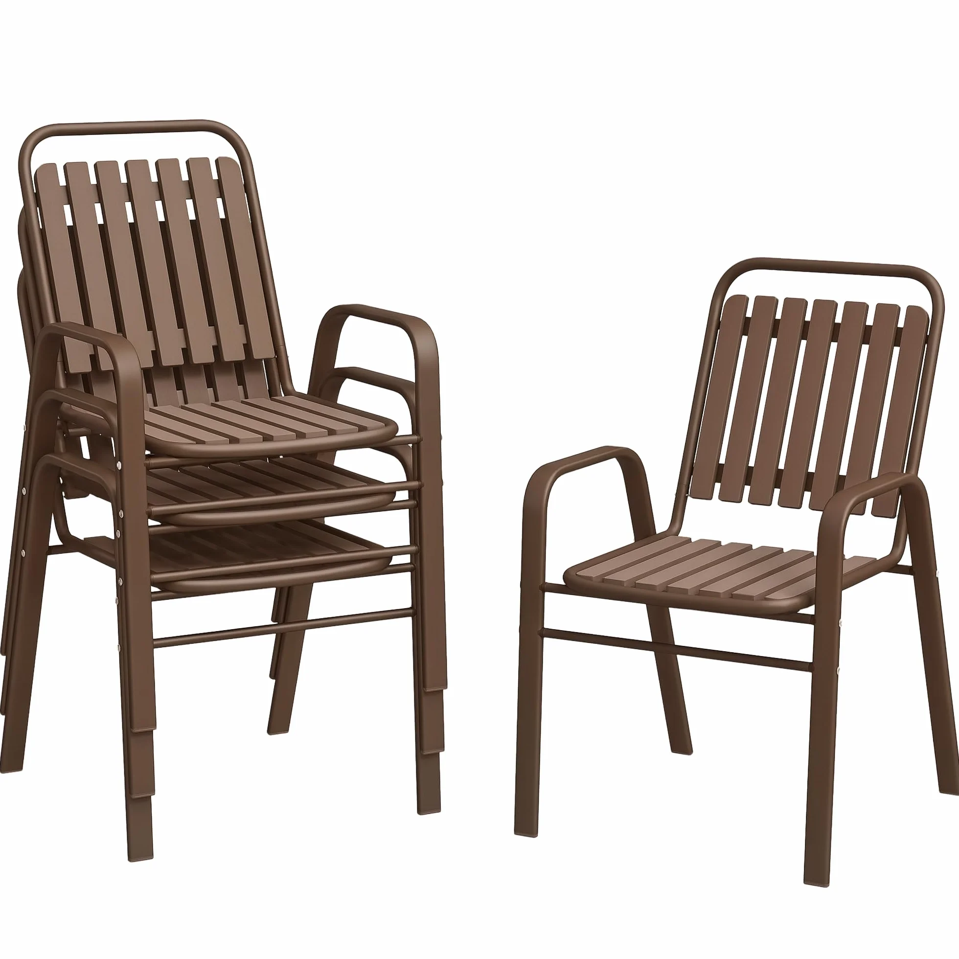 Outsunny Set 4 Sedie da Giardino Impilabili con Schienale Alto e Braccioli, Sedie da Esterno in Plastica PP e Acciaio, da Patio, Balcone, Terrazza, Esterno e Interno, 56x66x91 cm, Marrone Scuro