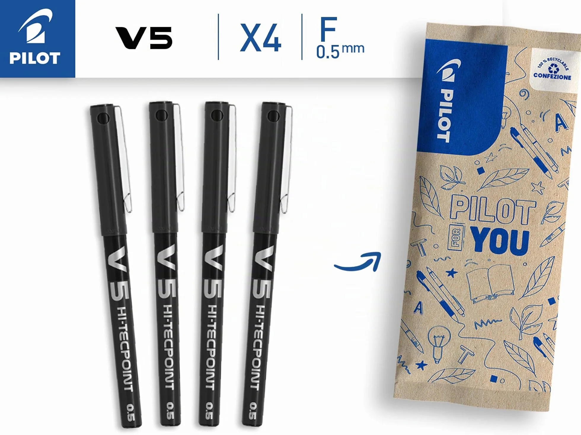 PILOT V5 Penna Roller Inchiostro Liquido Punta Fine 0,5 mm Nero Asciugatura Rapida