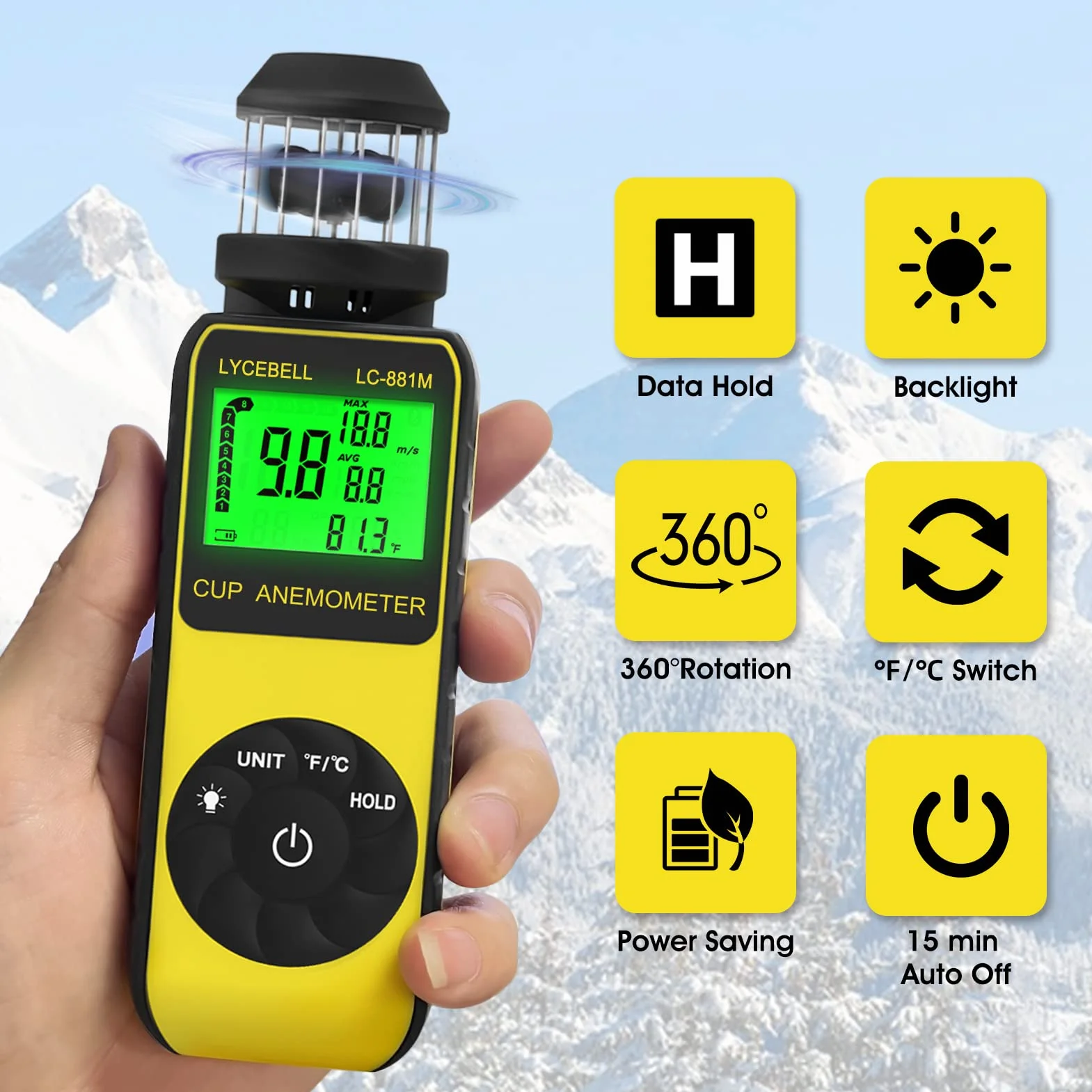 ‌Anemometro Digitale Portatile LC-881M, Misuratore di Velocità del Vento e Temperatura con Bussola Integrata, 360° Direzione Vento per Esterni, Droni, Nautica, Surf, Pesca, Montagna‌