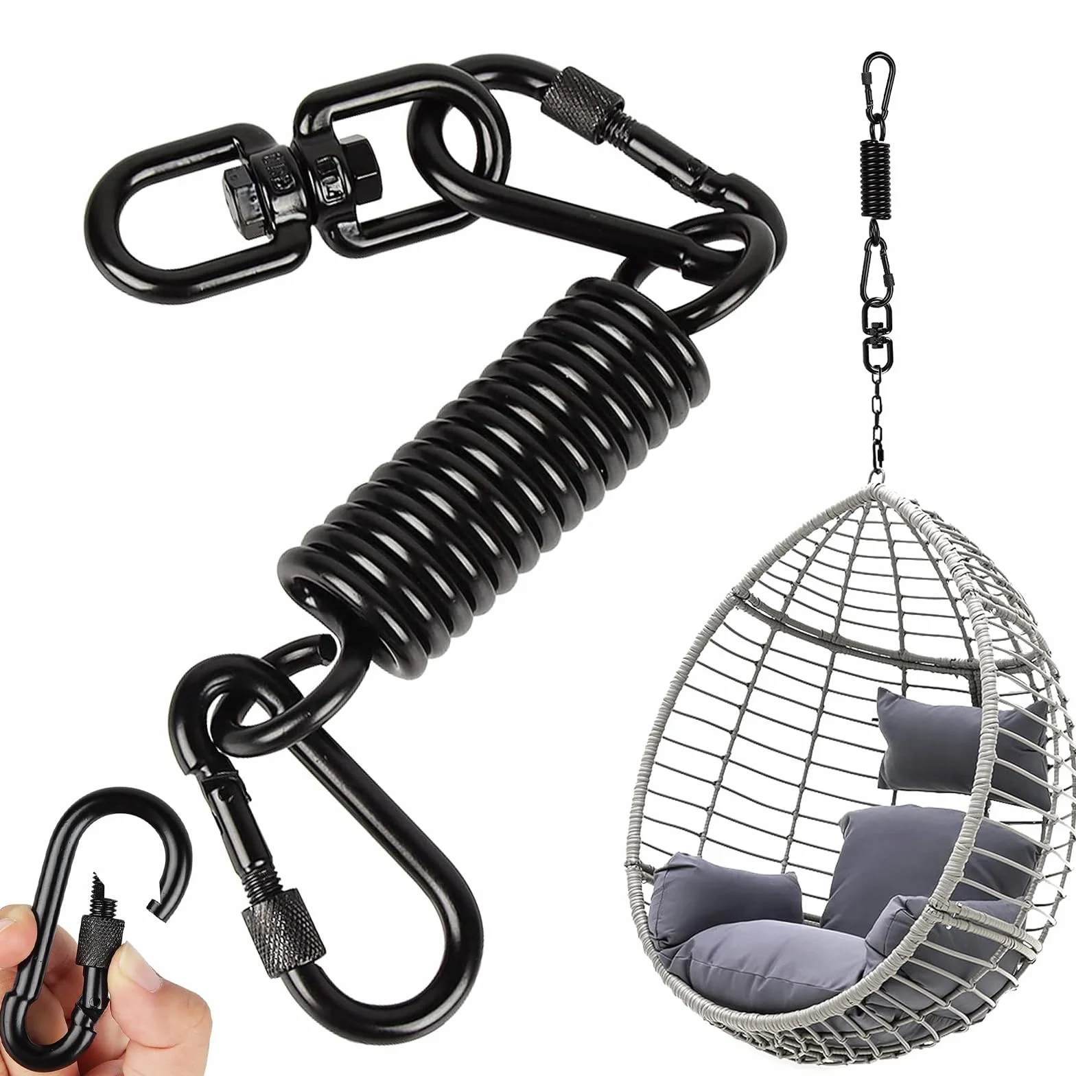 Molla oscillante per poltrona sospesa, con 2 moschettoni e gancio girevole a 360°, moschettone, portata fino a 250 kg, molla di sospensione per sacco da boxe, hammock, yoga