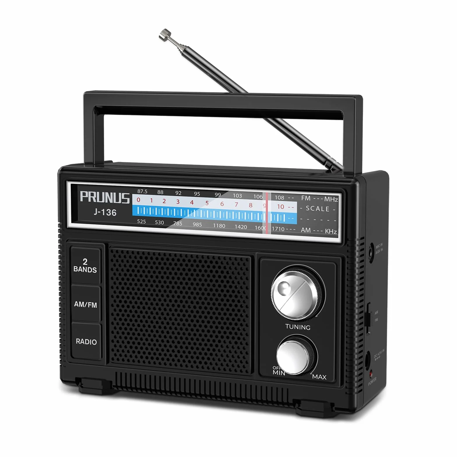 PRUNUS J-136 Radio Portatile AM/FM, Alimentazione Batterie o CA, Jack AUX/Microfono, Nero
