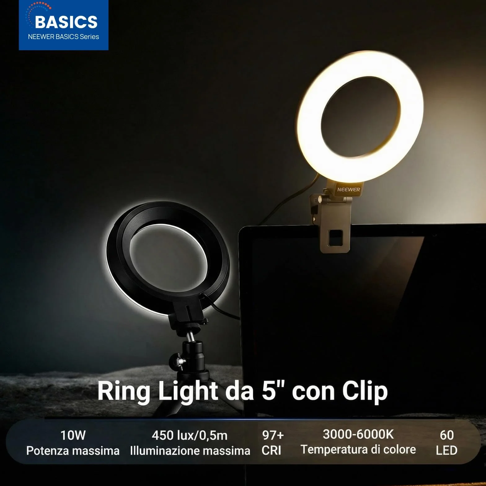 NEEWER BASICS BR60 5" Ring Light Clip-on Lamp 10W 3000K-6000K Dimmerable for Laptop Computer Monitor Video Conference