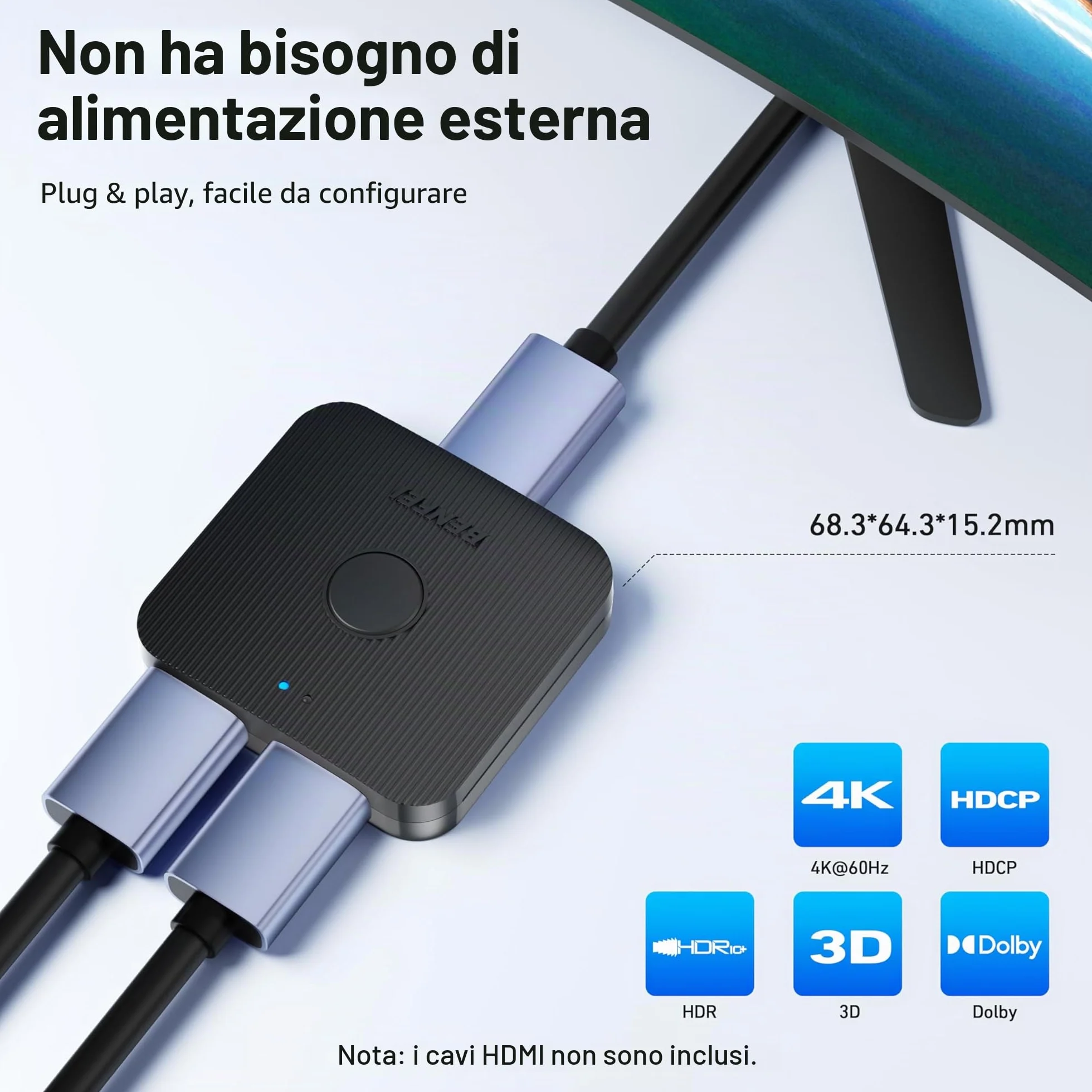 BENFEI Commutatore HDMI 4K, 2 Ingressi 1 Uscita, Supporta 4K 3D HD 1080P per Firestick Xbox PS4 Roku HDTV