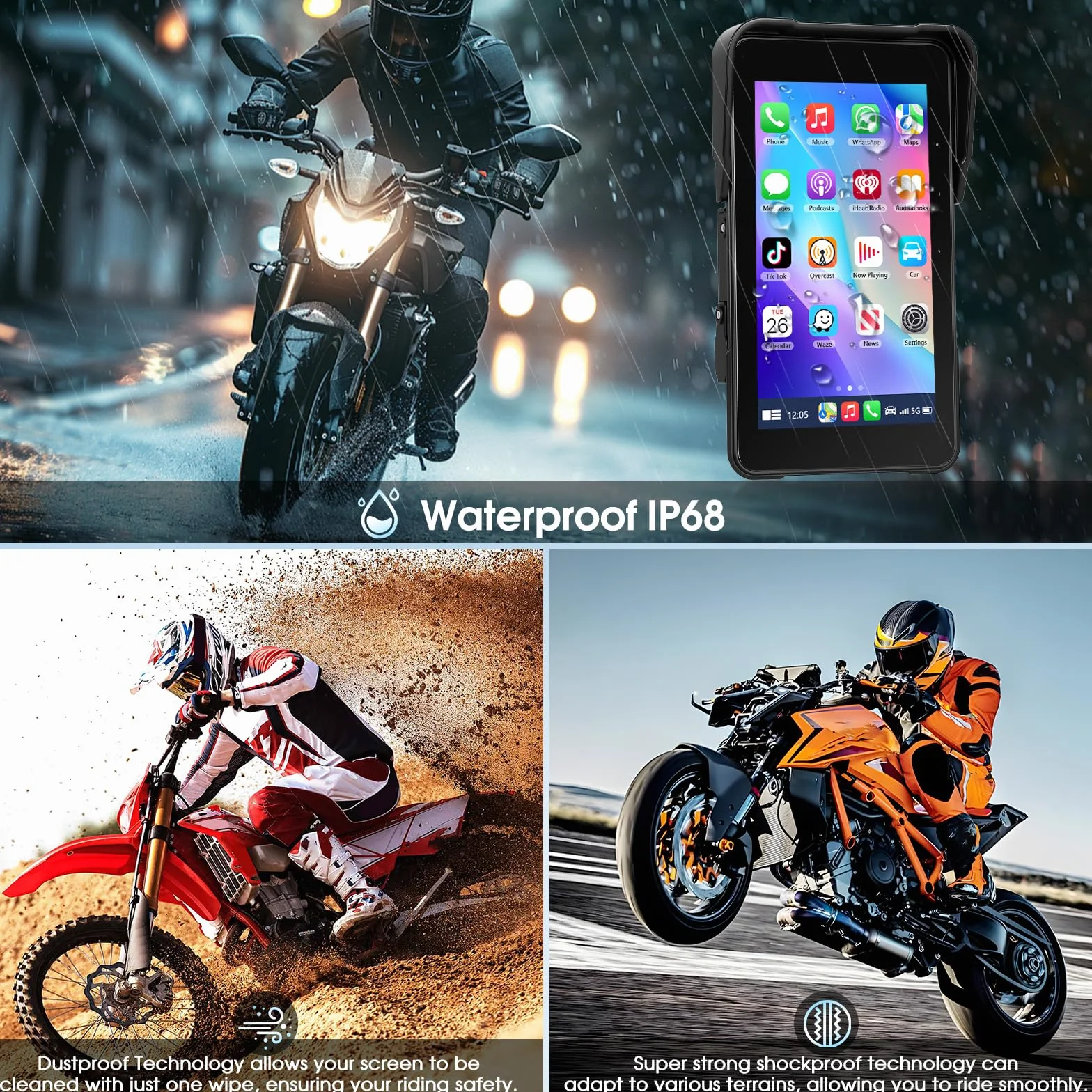 Navigatore per moto con Apple CarPlay e Android Auto Wireless, Autoradio Portatile Touchscreen HD 5 Pollici Bluetooth FM Impermeabile IP68