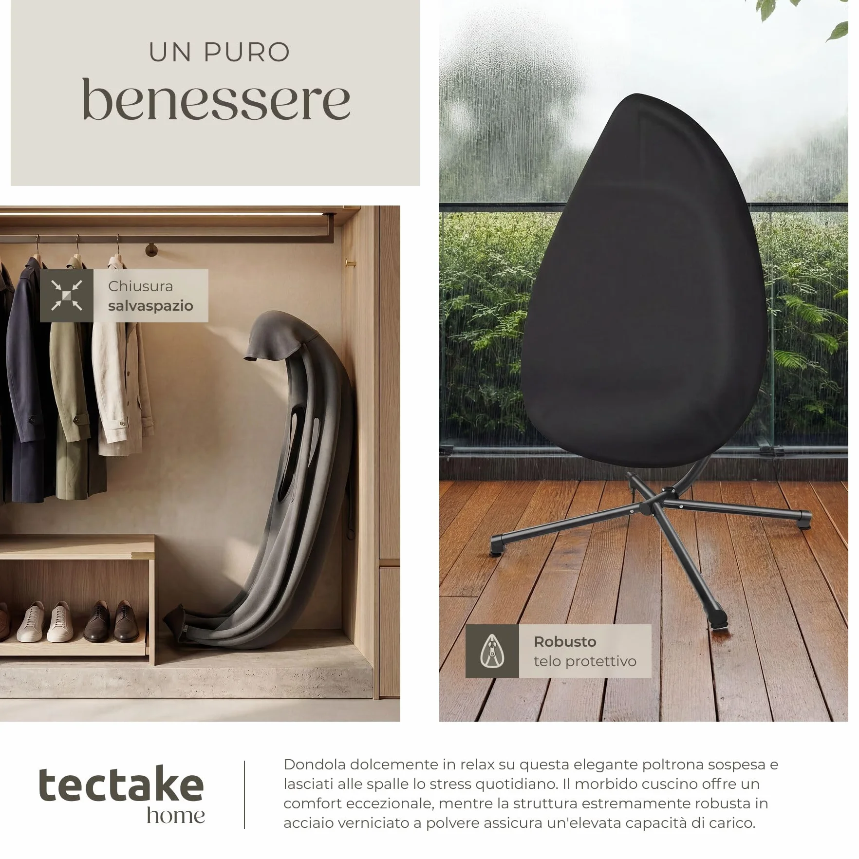 tectake® Poltrona Sospesa con Cuscino Spesso, Sedia Sospesa da Giardino Soggiorno e Terrazza, Schienale e Braccioli Imbottiti, Resistente alle Intemperie, Cover Protettiva, MAX 160 kg - Antracite