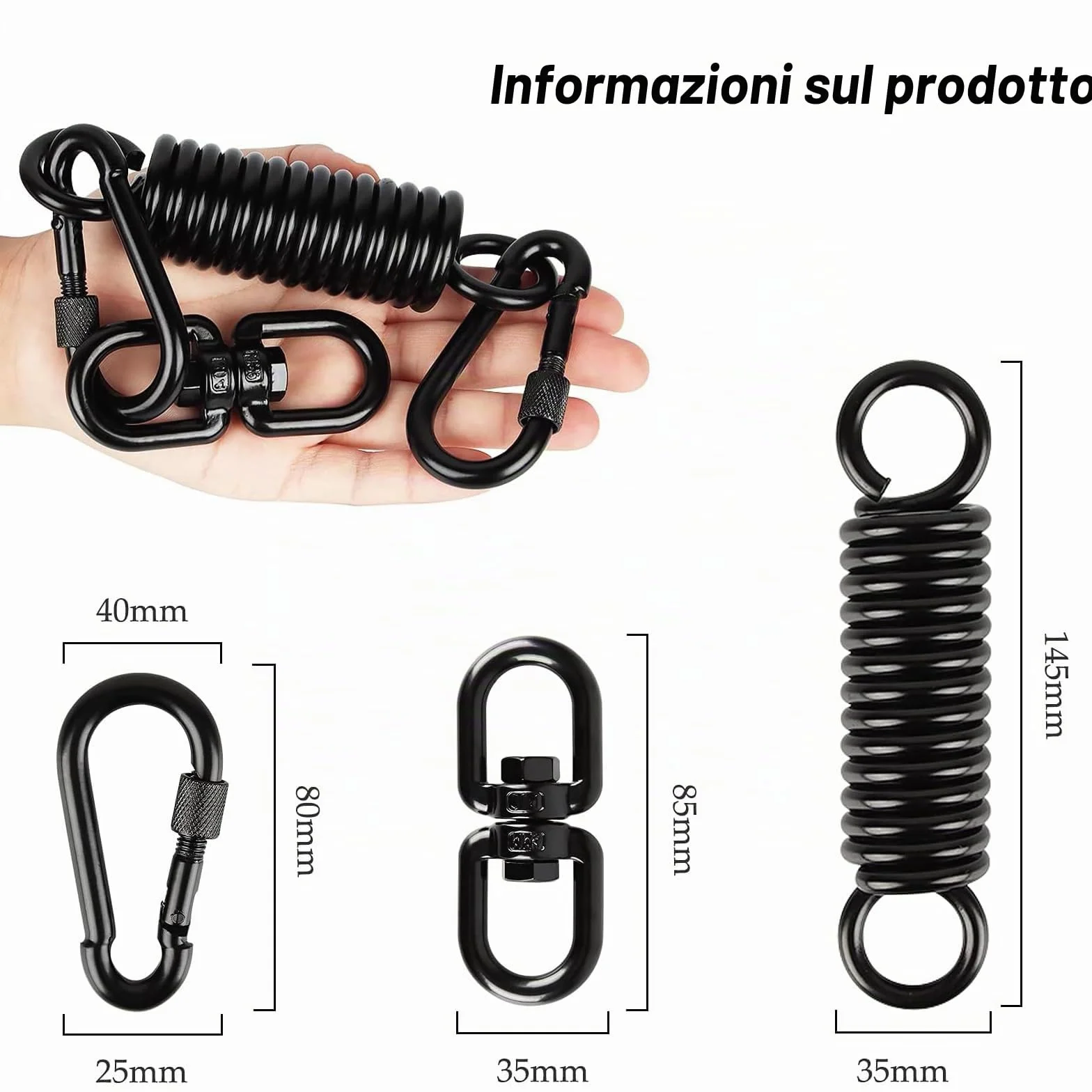 Molla oscillante per poltrona sospesa, con 2 moschettoni e gancio girevole a 360°, moschettone, portata fino a 250 kg, molla di sospensione per sacco da boxe, hammock, yoga