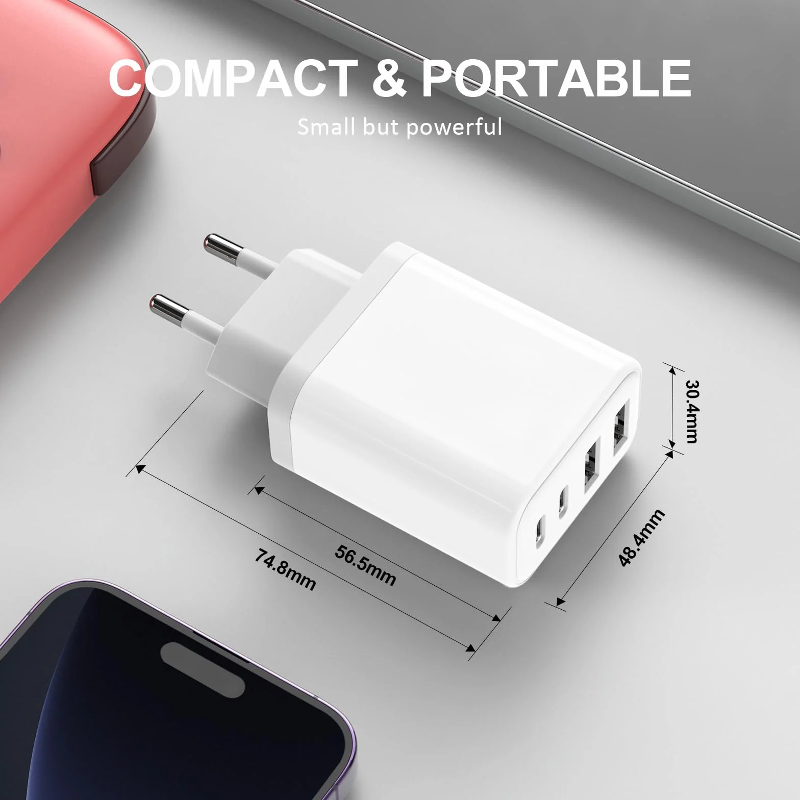 Caricatore USB C 40W 4-Porte Presa Multiplo per iPhone 16 15 14 13 12 11 Pro Max Mini SE, Pad, Galaxy