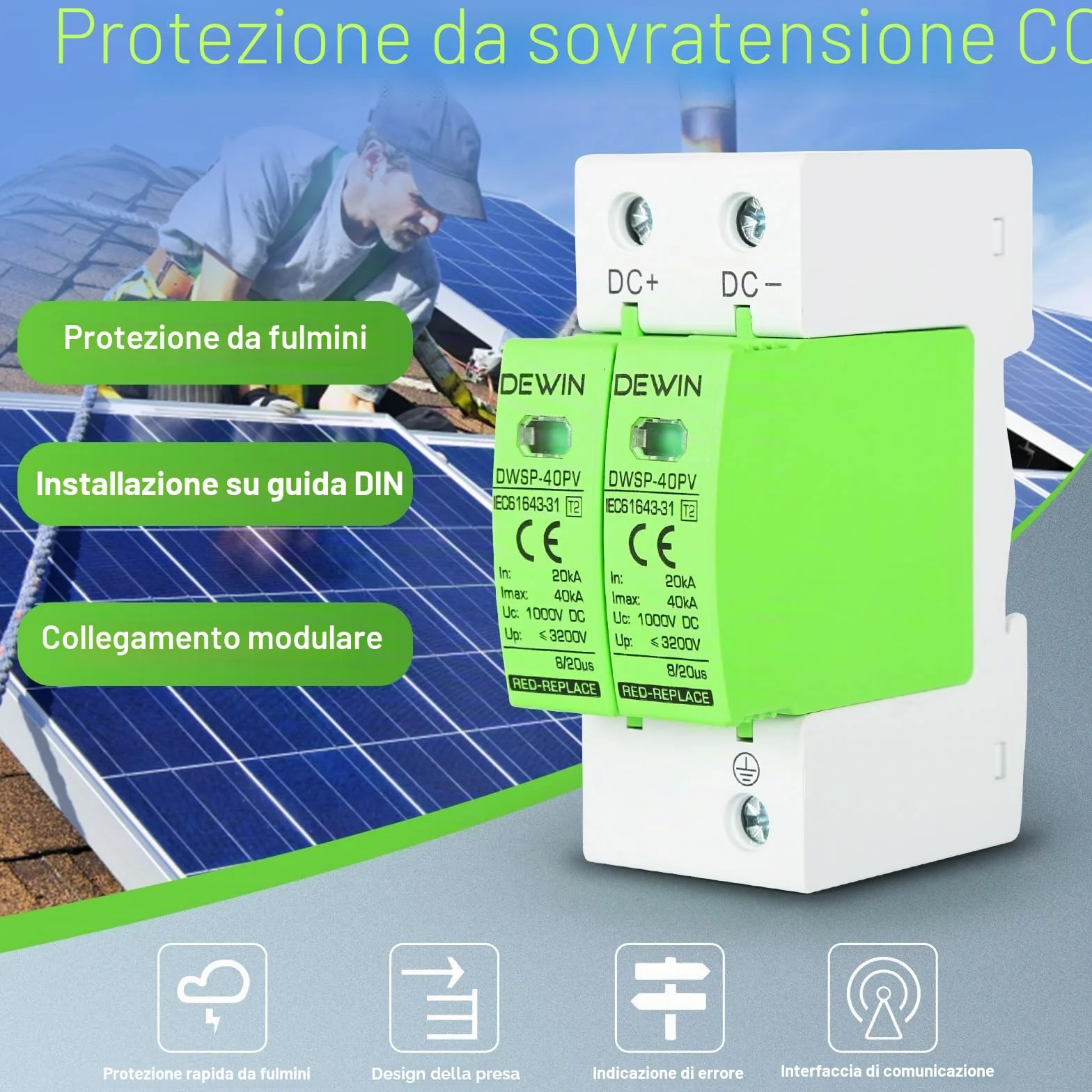 DEWIN Scaricatore di Sovratensione 2P 40KA DC 1000V Fotovoltaico Protezione Fulmini