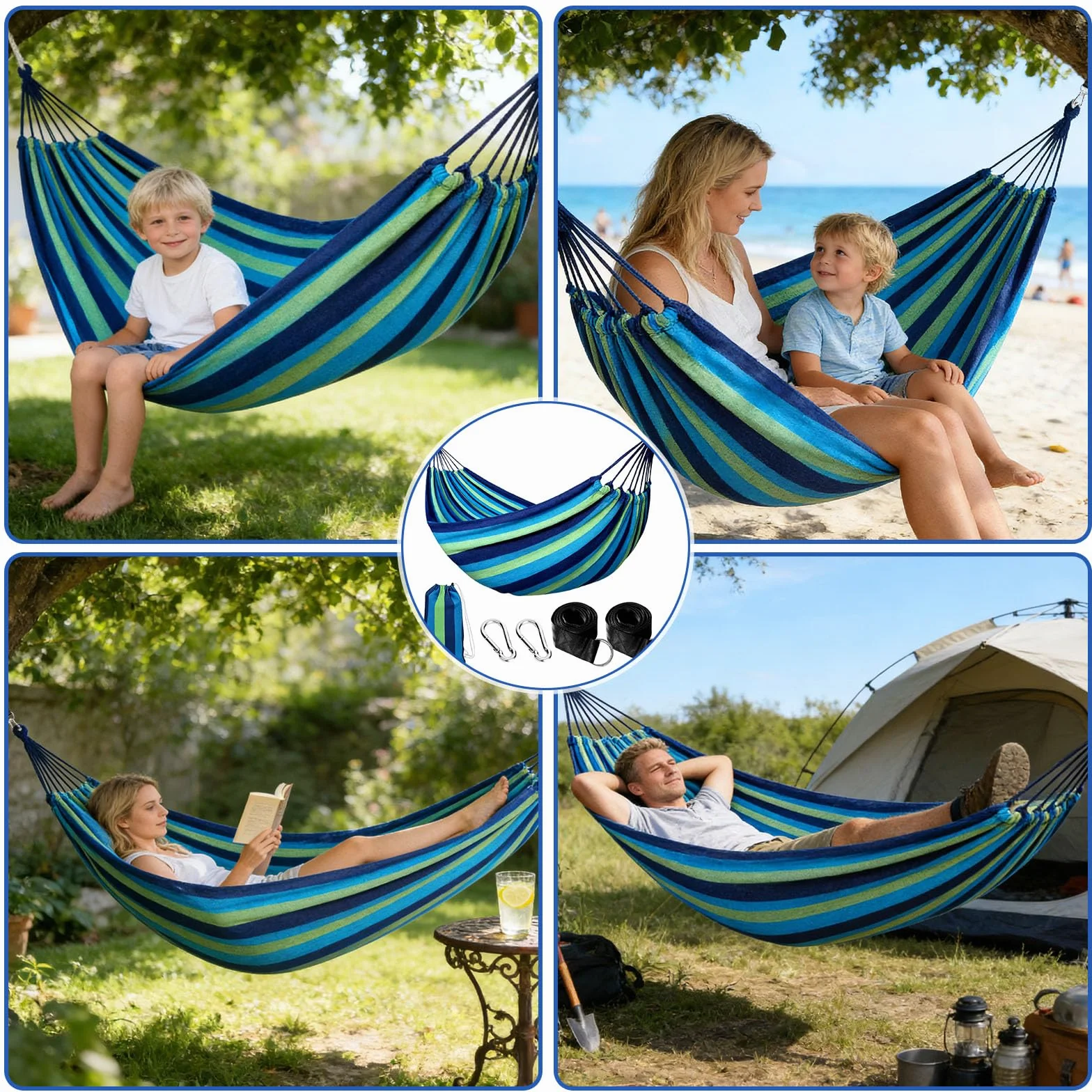 Amaca da Campeggio Doppia 200x150cm 250kg con Cinghie in Nylon e Moschettoni