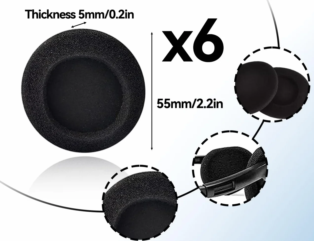 KAPSING 6 Pezzi Cuscinetti Auricolari in Schiuma di Ricambio Neri 55 mm per Cuffie Audio
