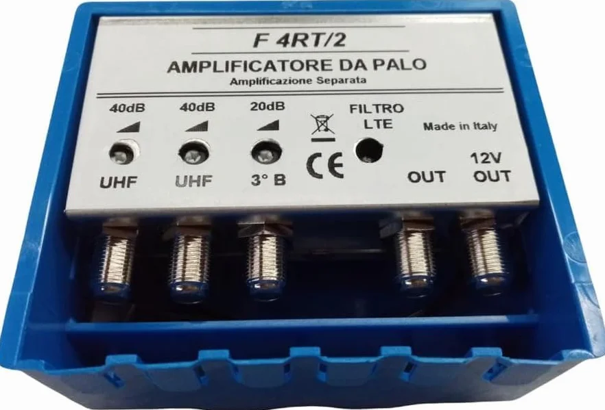 Amplificatore Antenna TV da Palo con Filtro LTE/5G, Guadagno 40dB Regolabile, 2 Uscite, 2 Ingressi UHF +1 VHF