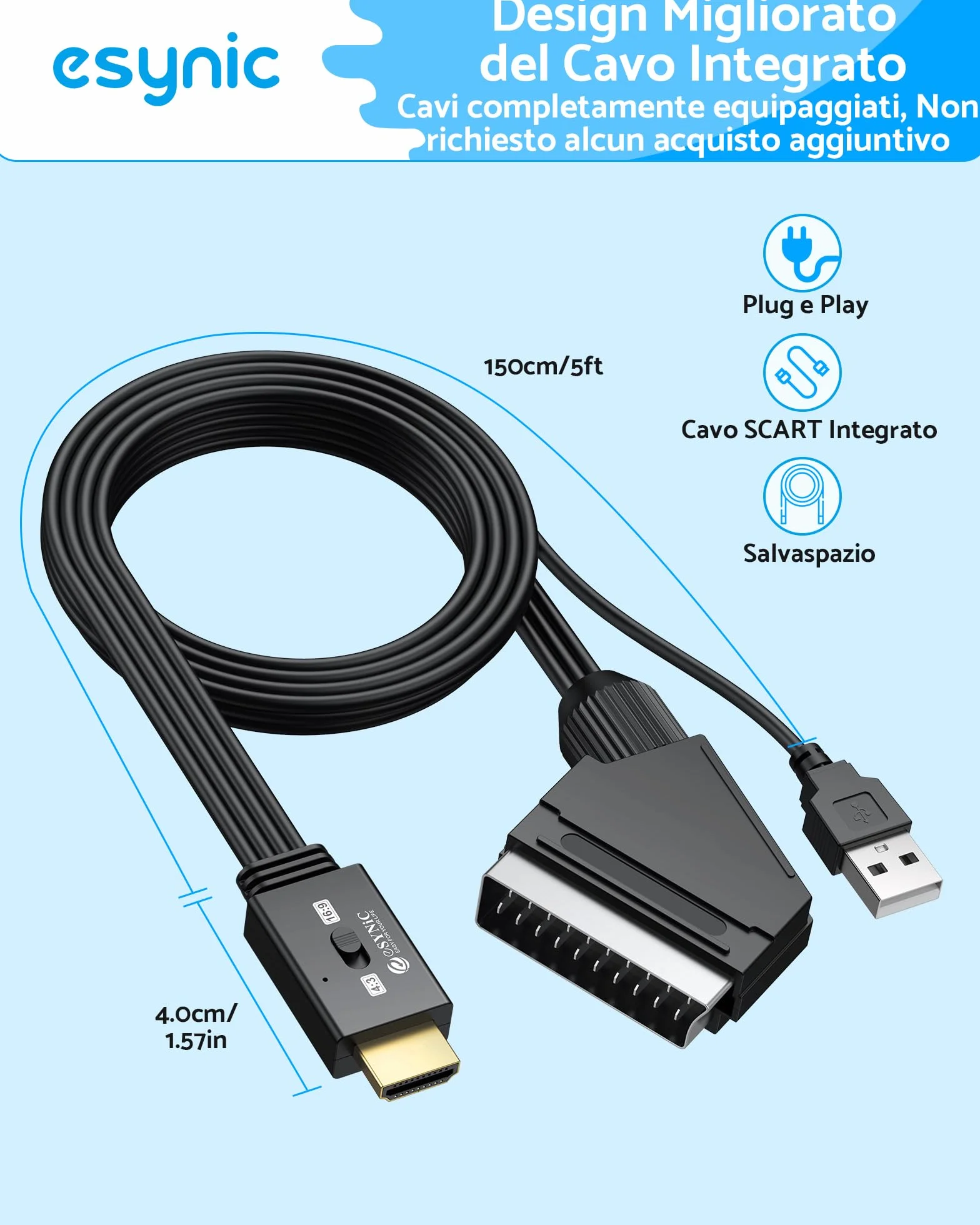 eSynic Convertitore SCART a HDMI 1080P con Cavo Integrato 1.5m Adattatore Video Audio per TV Monitor