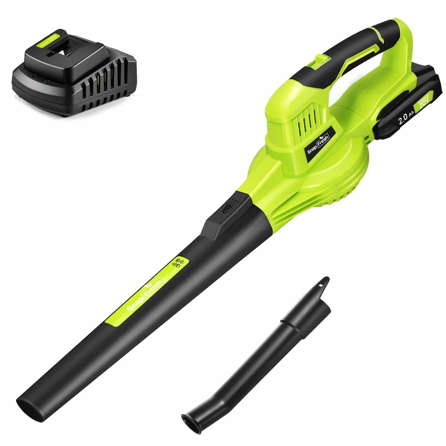 SnapFresh Soffiatore a Batteria 20V Soffiatore Elettrico per Foglie Leggero 1,2 kg, 210 km/h 240 m³/h, 2 Velocità Regolabili, con Batteria e Caricabatterie, per Giardino/Prato/Auto/Polvere (Verde)