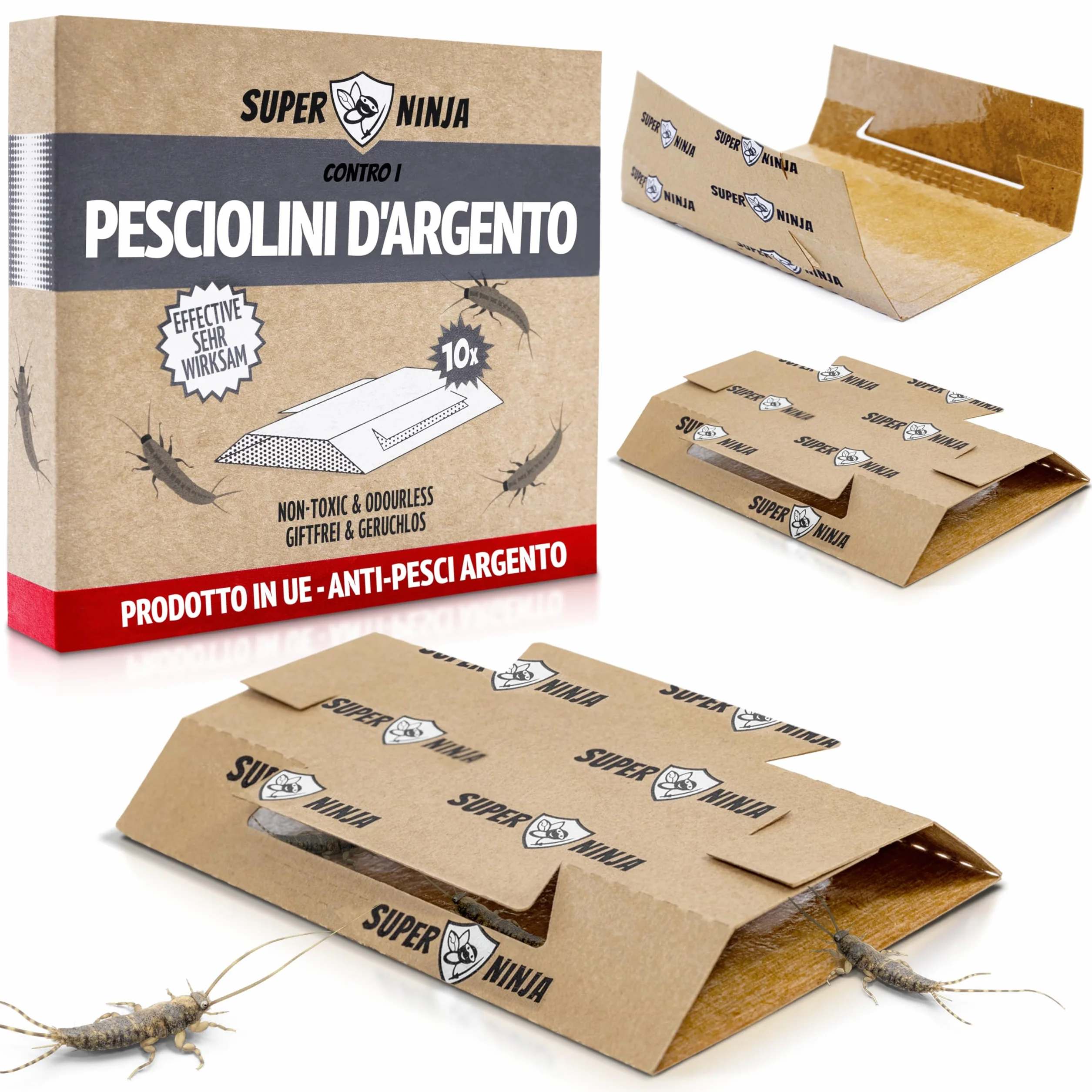 Super Ninja Trappola per Pesciolini d’Argento – 10 Pezzi, Trappole per Pesciolini d'argento, Adesive con Attrattivo Integrato, Inodori e Atossiche per Bagni, Cucine e Cantine – Efficaci fino a 3 Mesi