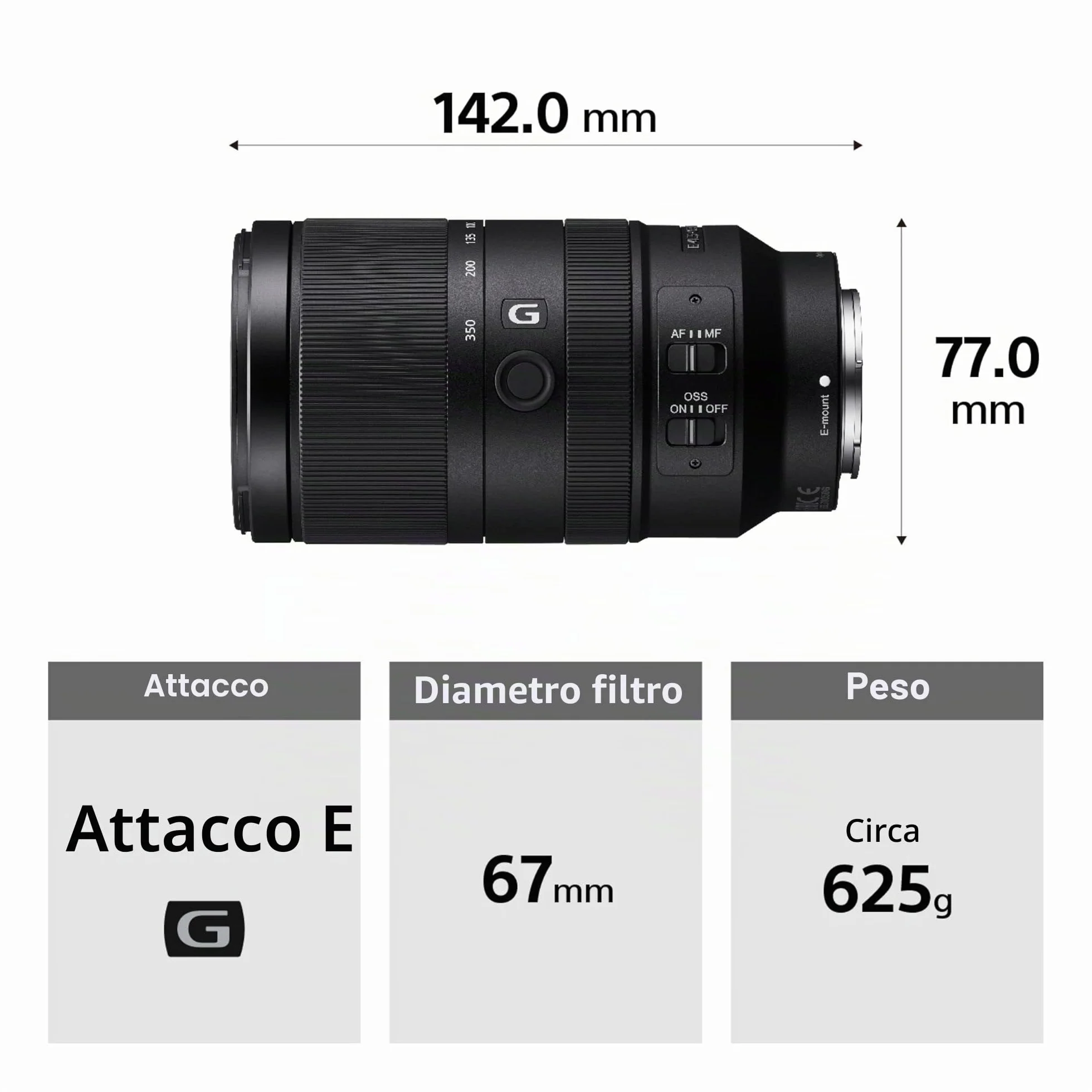 Sony SEL70350G 70-350 mm F4.5-6.3 G OSS Super teleobiettivo zoom per APS-C con stabilizzazione immagine, attacco E-Mount
