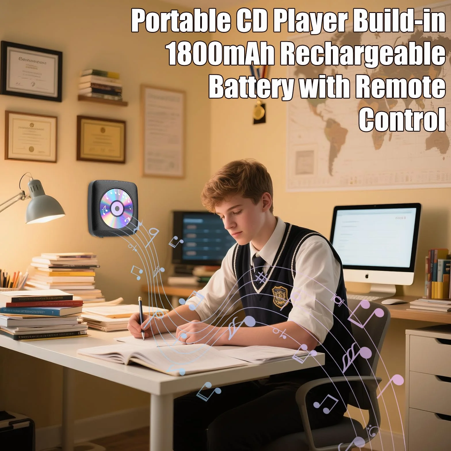 Lettore CD Portatile Bluetooth Ricaricabile 1800mAh Doppi Altoparlanti FM Radio USB AUX Nero